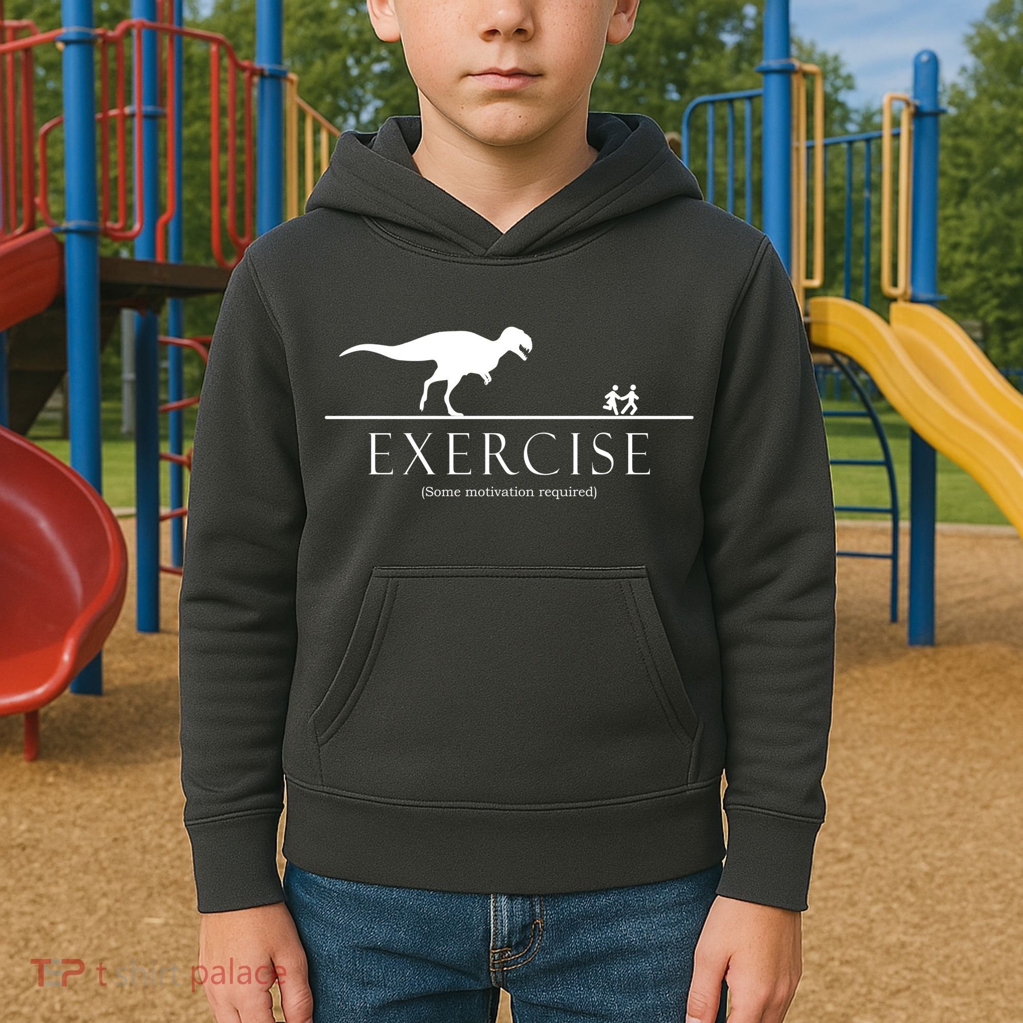 Exercise Some Motivation Required Running from T-Rex Kids Hoodie