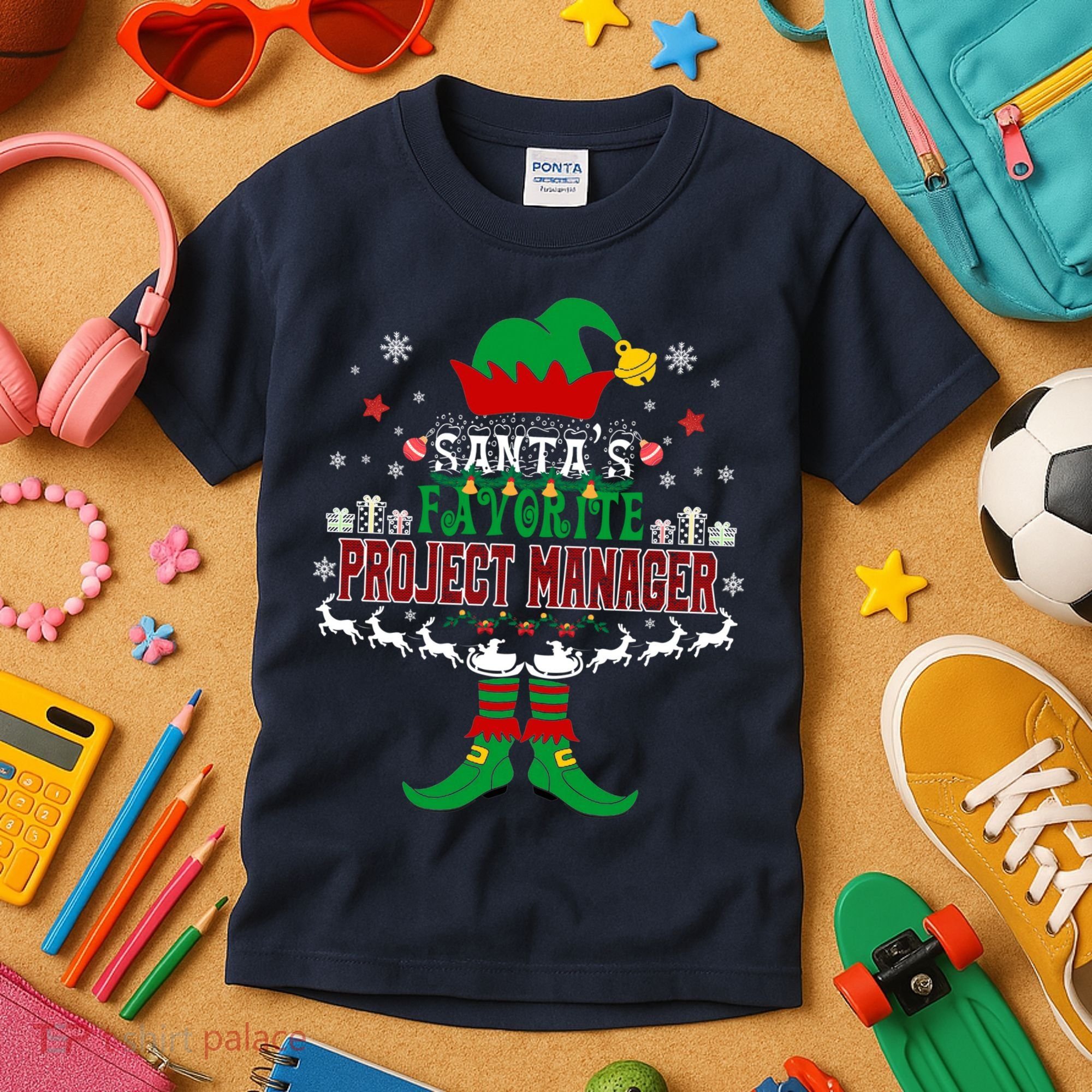 Elf Xmas Gift SantaS Favorite Project Manager Ugly Sweater Kids T-Shirt
