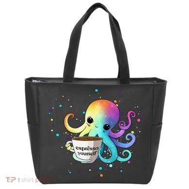 Espresso Yourself Cute Rainbow Octopus Coffee Mug Design Tote Bag
