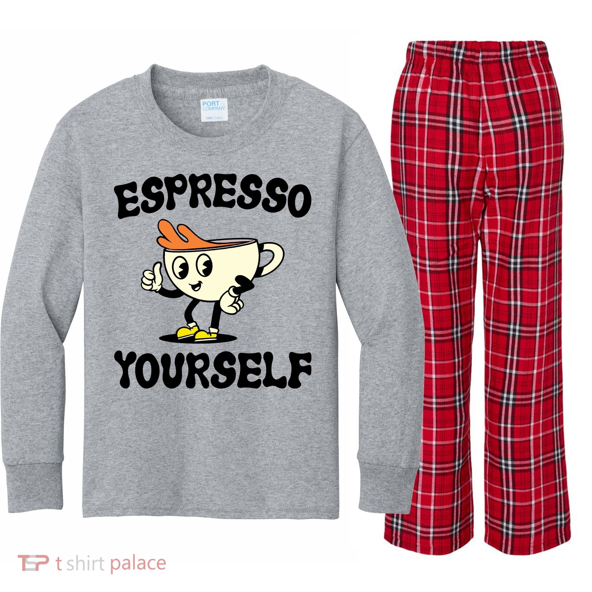 Espresso Yourself Funny Coffee Lover Kids Long Sleeve Plaid Pajama Set