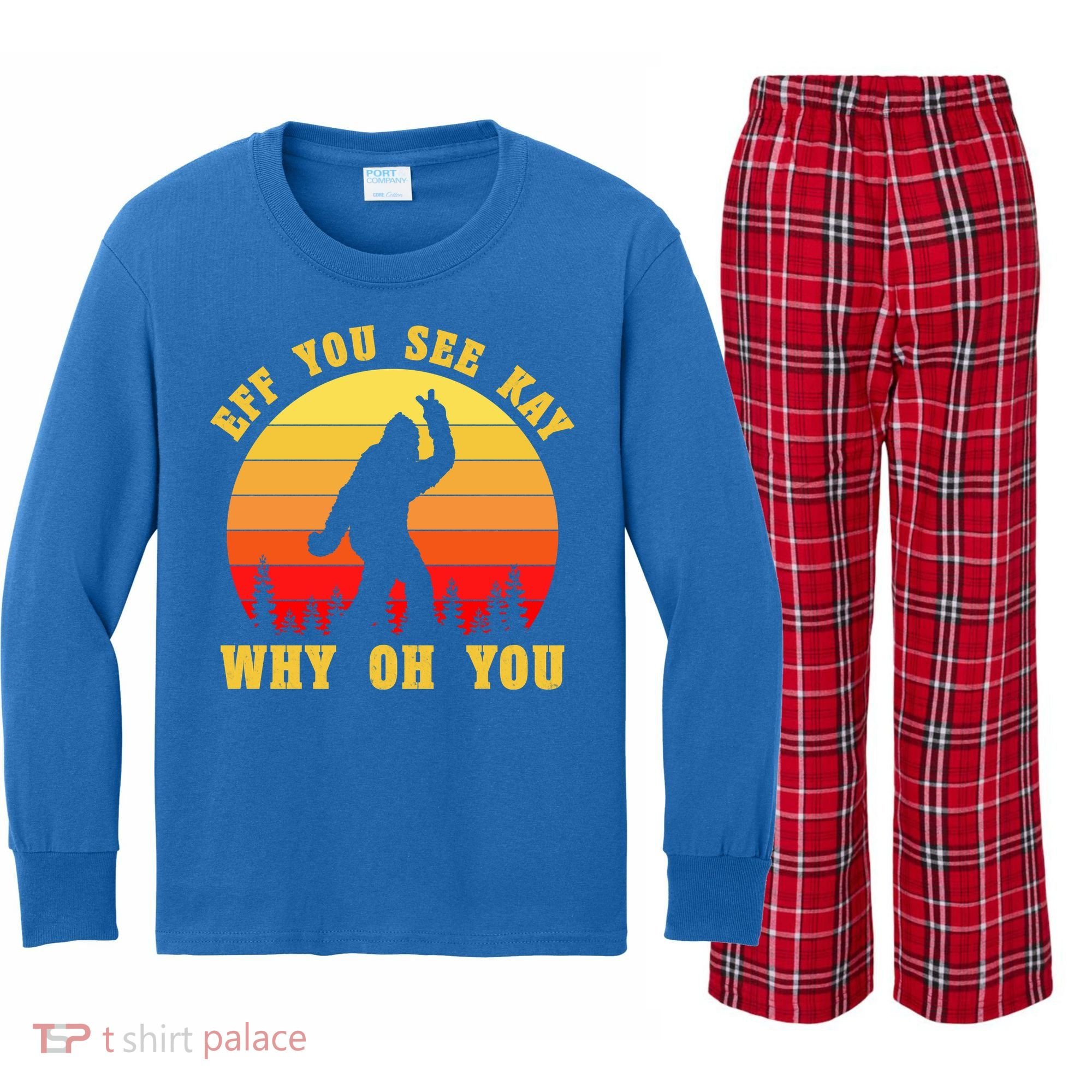 Eff You See Kay Why Oh You Bigfoot Sasquatch Funny Meme Kids Long Sleeve Plaid Pajama Set