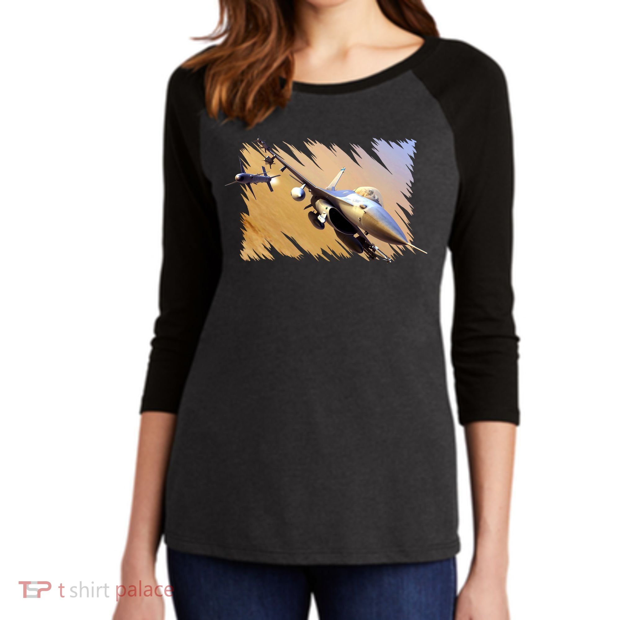 F-16 Fighter Jet Women's Tri-Blend 3/4-Sleeve Raglan Shirt