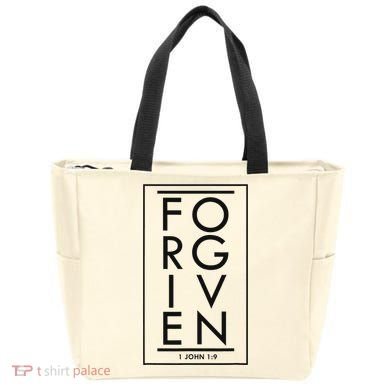 Forgiven 1 John 19 Bible Scripture Verse Christian Tote Bag