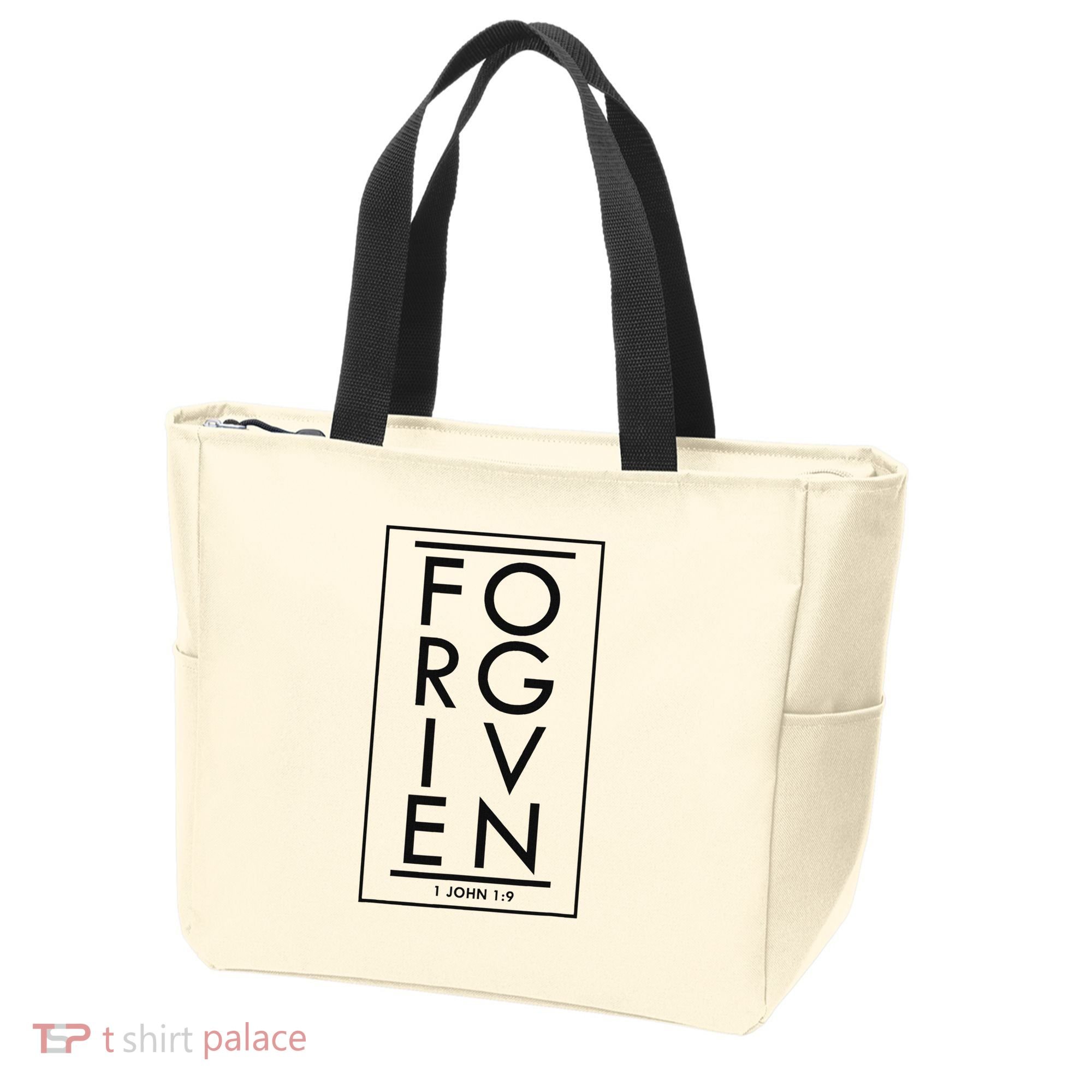 Forgiven 1 John 19 Bible Scripture Verse Christian Tote Bag