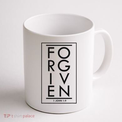 Forgiven 1 John 19 Bible Scripture Verse Christian Coffee Mug back