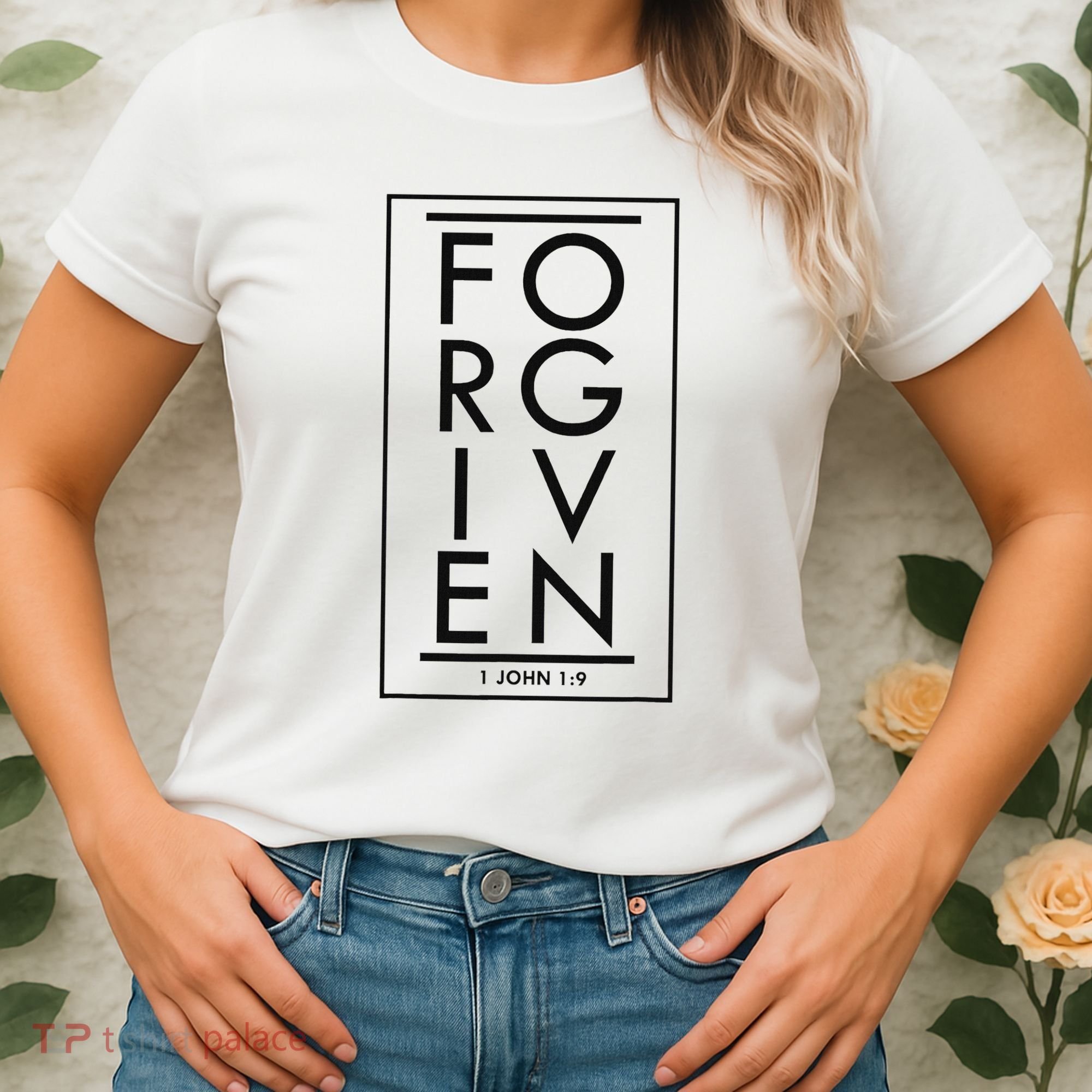 Forgiven 1 John 19 Bible Scripture Verse Christian Women's T-Shirt