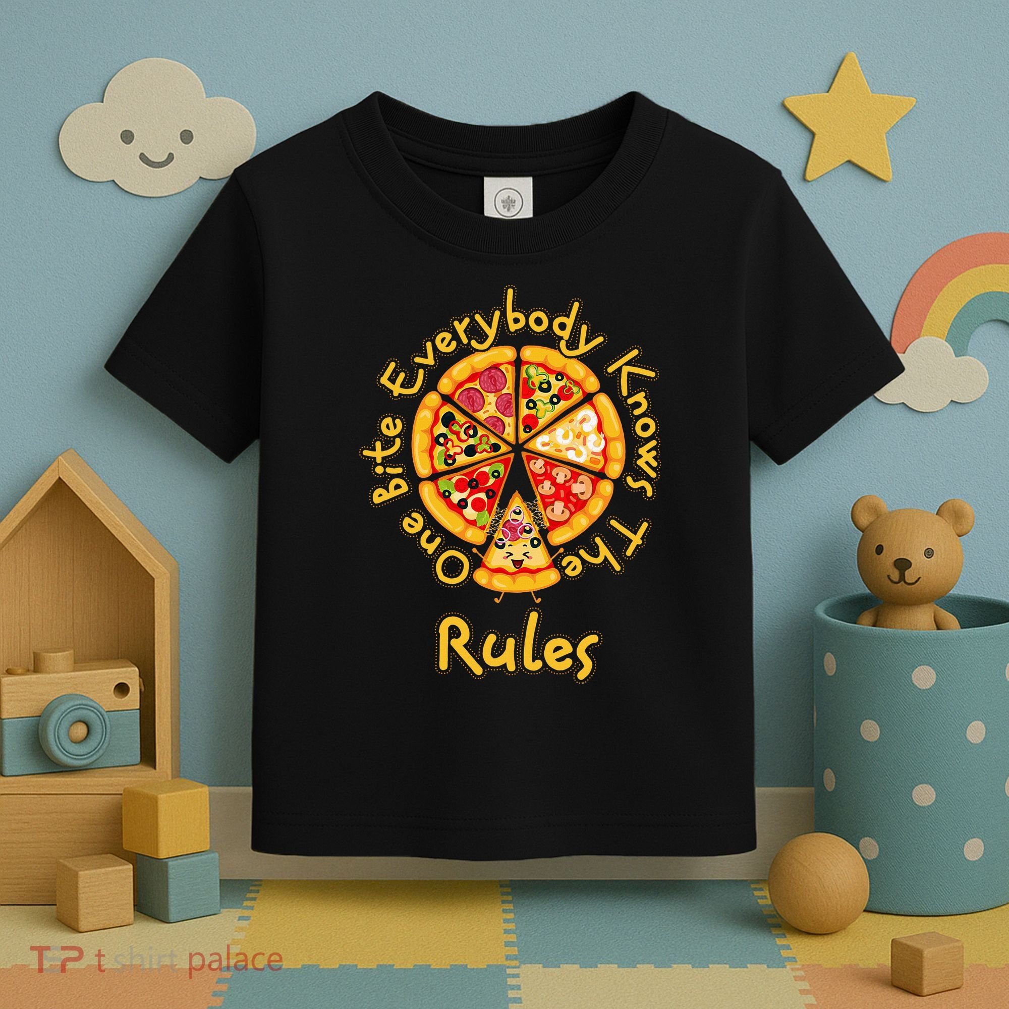 Funny 1 One Bite Everybody Knows Rules Pizza Food Lover Toddler T-Shirt