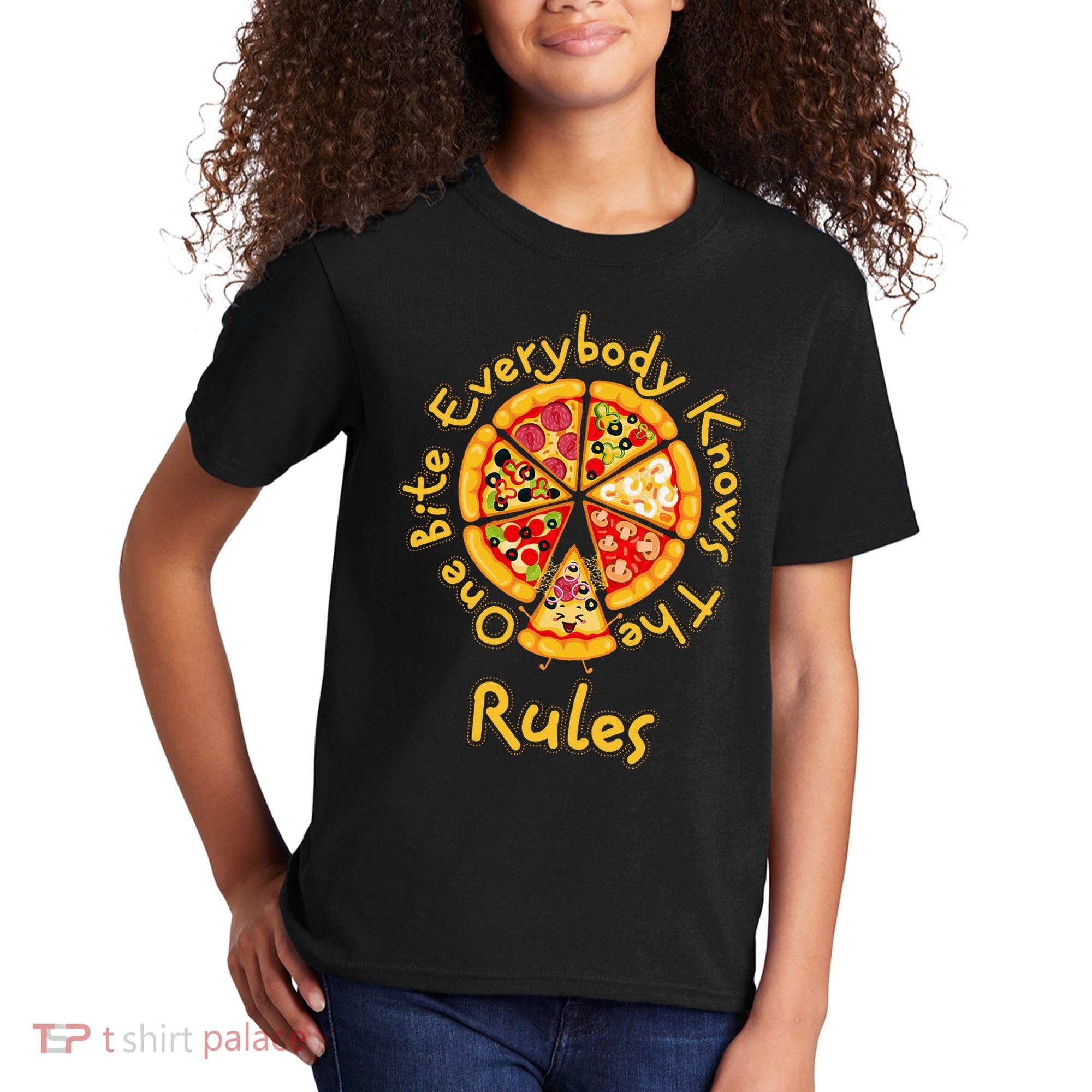 Funny 1 One Bite Everybody Knows Rules Pizza Food Lover Kids T-Shirt