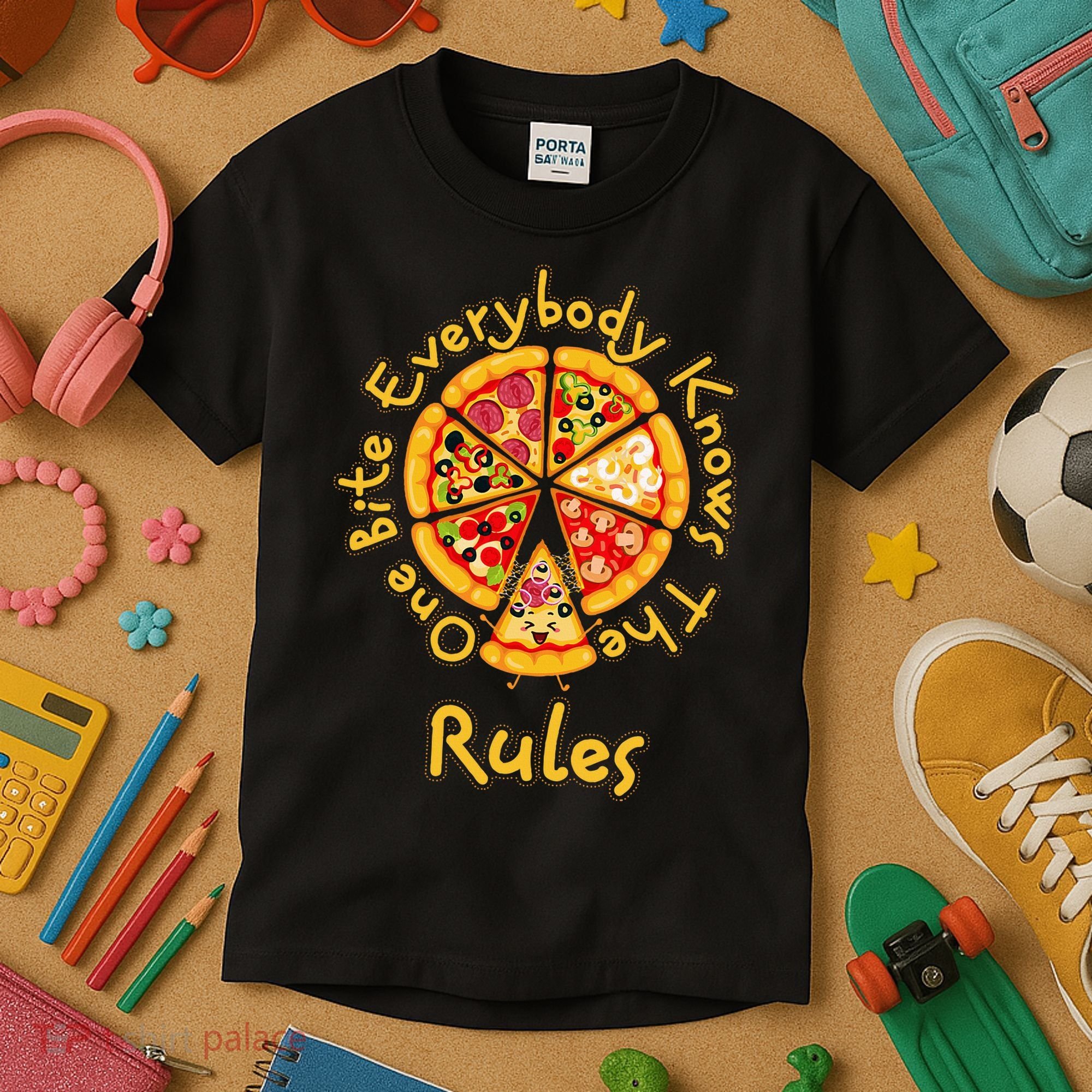 Funny 1 One Bite Everybody Knows Rules Pizza Food Lover Kids T-Shirt
