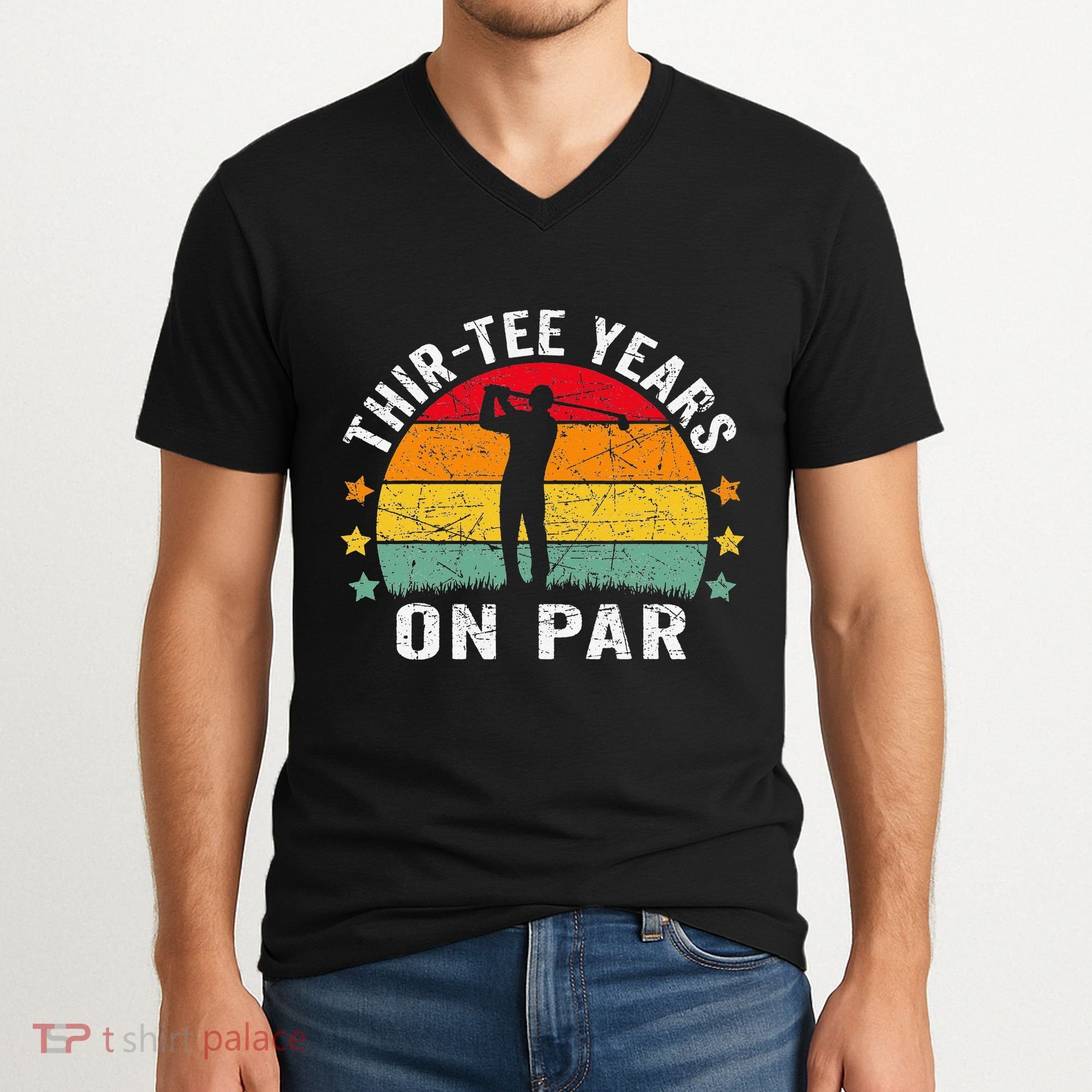 Funny 30th Birthday Golf Pun Retro Sunset 30 Year Old Golfer V-Neck T-Shirt