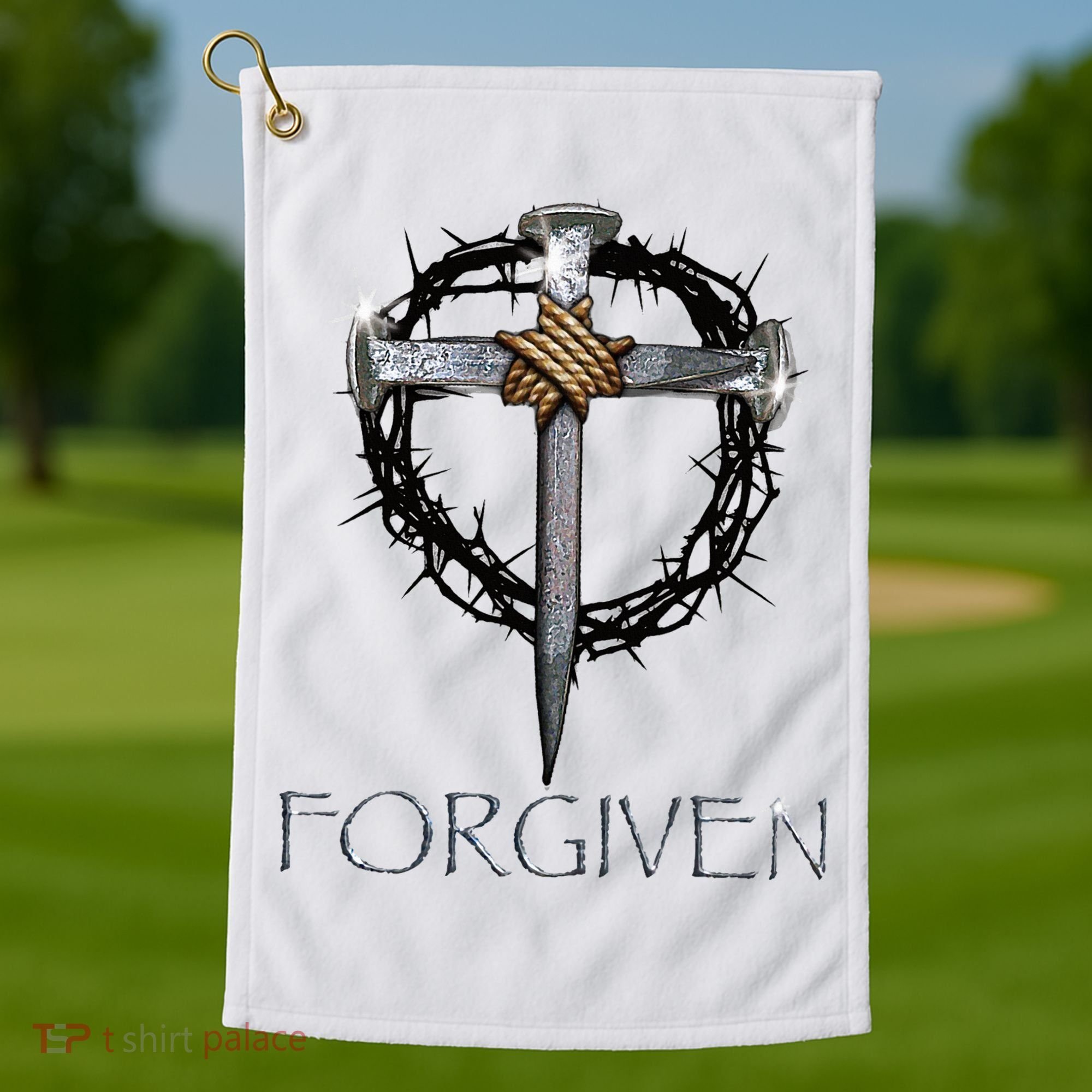 Forgiven  3 Nails crown of thorns  Golf Towel