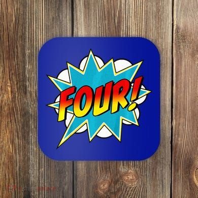 Four! 4th Birthday Superhero 4 Years Old Comic Book Coaster