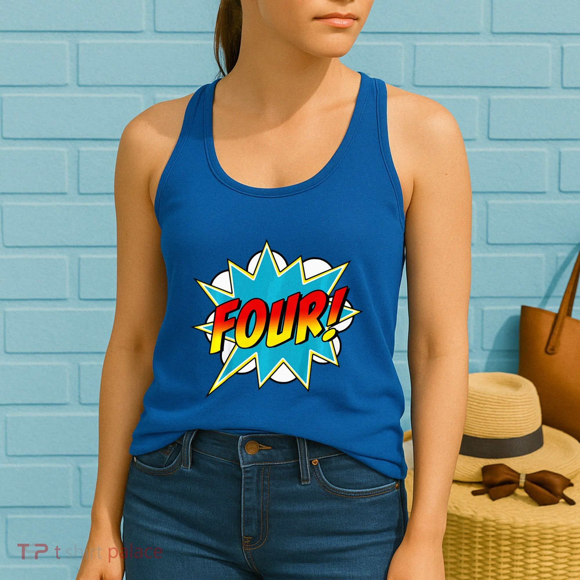 Four! 4th Birthday Superhero 4 Years Old Comic Book Women's Tank Top