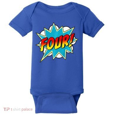 Four! 4th Birthday Superhero 4 Years Old Comic Book Baby Bodysuit