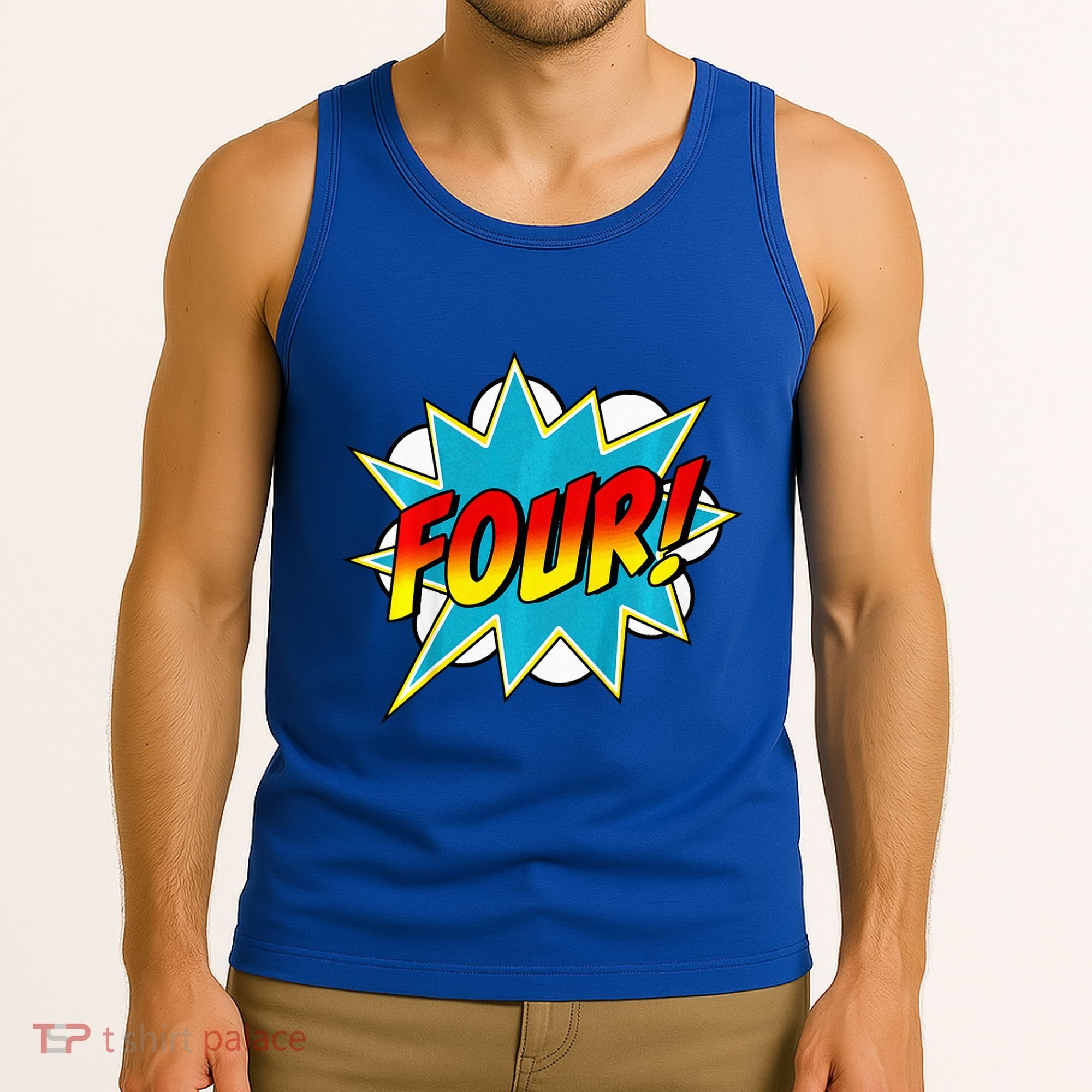 Four! 4th Birthday Superhero 4 Years Old Comic Book Tank Top