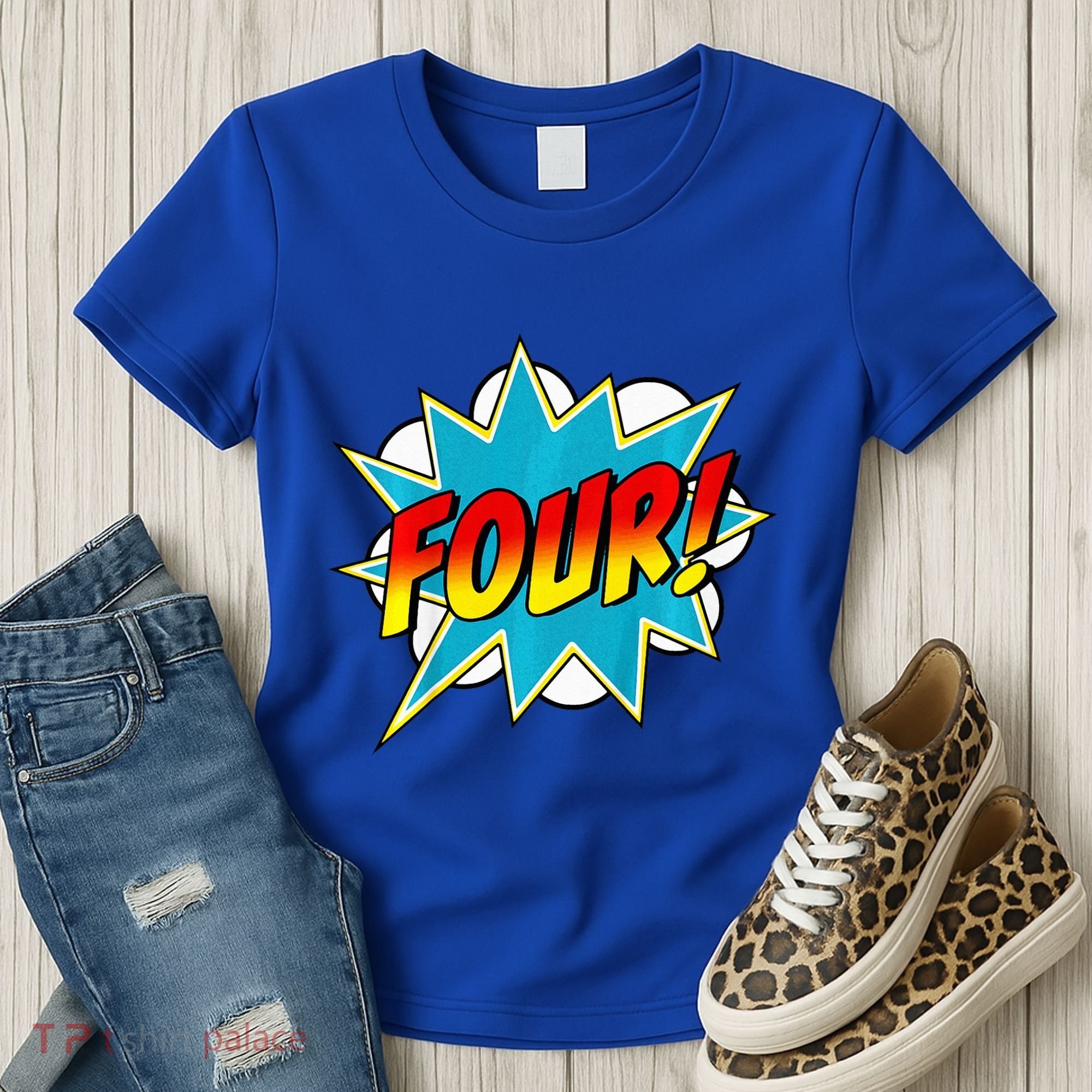 Four! 4th Birthday Superhero 4 Years Old Comic Book Women's T-Shirt