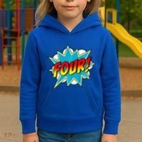 Four! 4th Birthday Superhero 4 Years Old Comic Book Kids Hoodie thumb 3