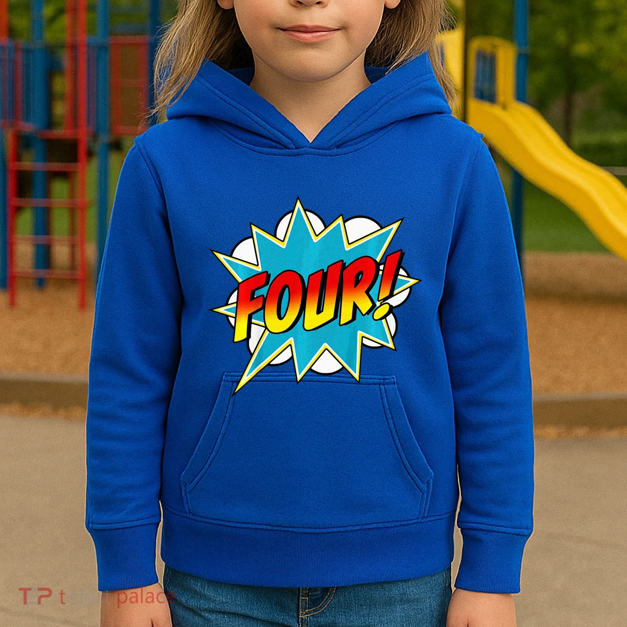 Four! 4th Birthday Superhero 4 Years Old Comic Book Kids Hoodie