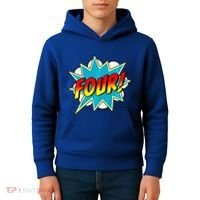 Four! 4th Birthday Superhero 4 Years Old Comic Book Kids Hoodie thumb 4