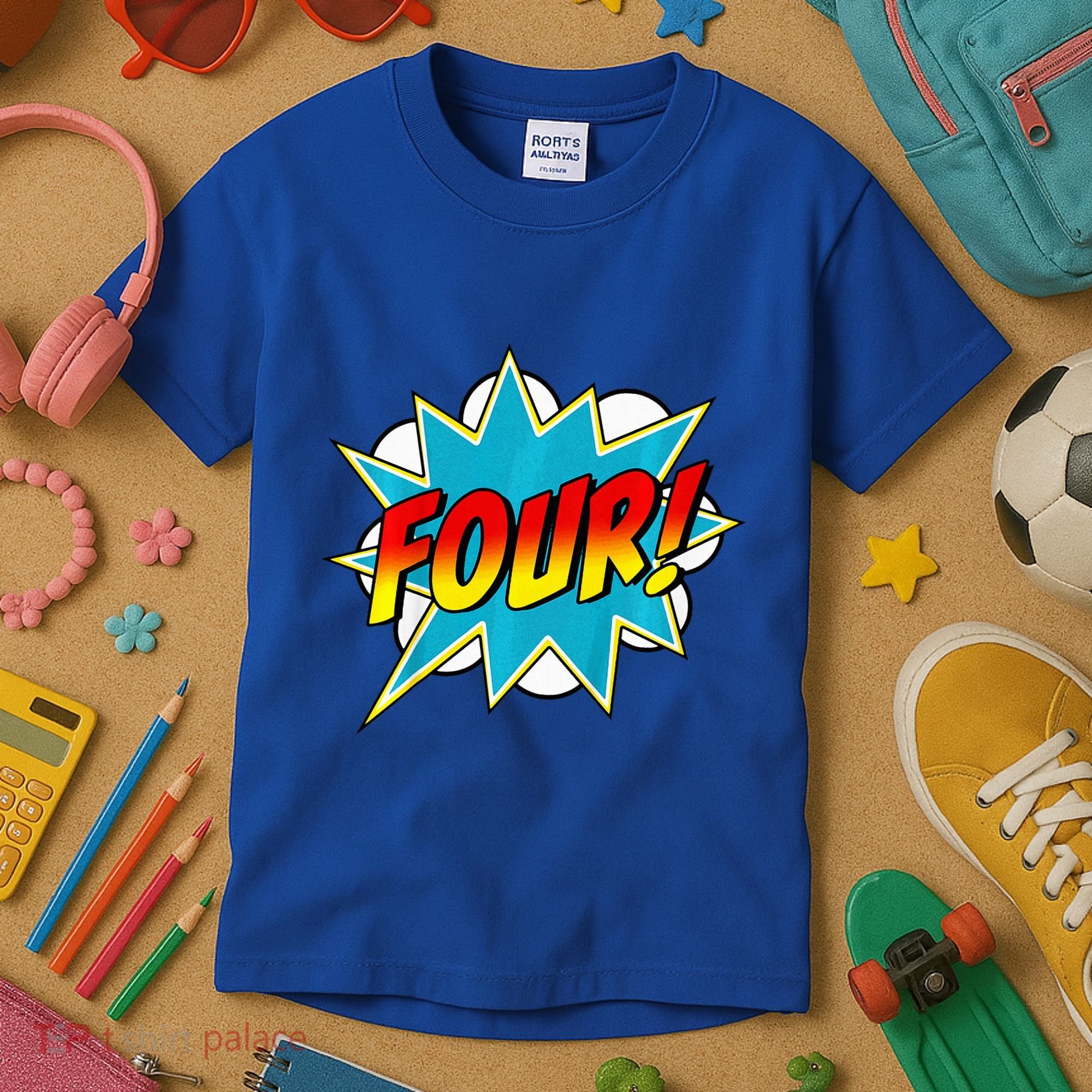 Four! 4th Birthday Superhero 4 Years Old Comic Book Kids T-Shirt