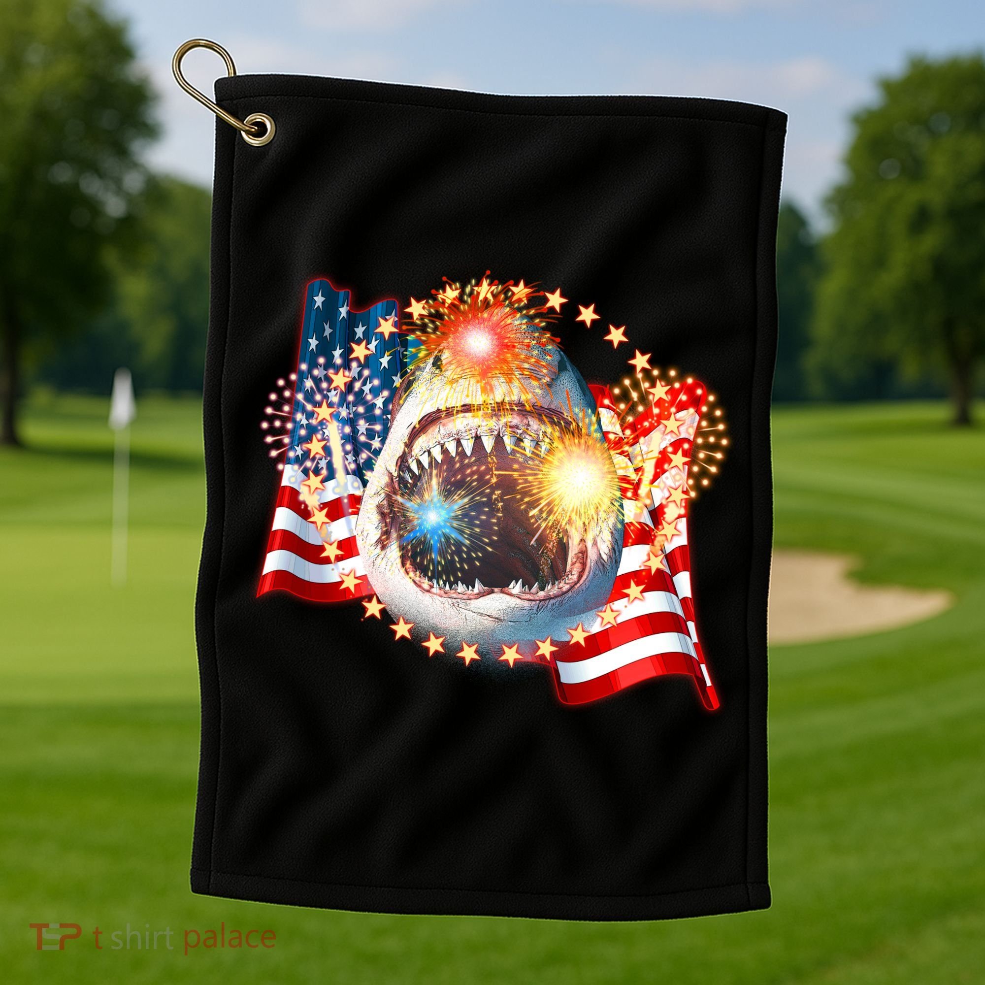 Fourth 4th Of July Fireworks Shark Golf Towel