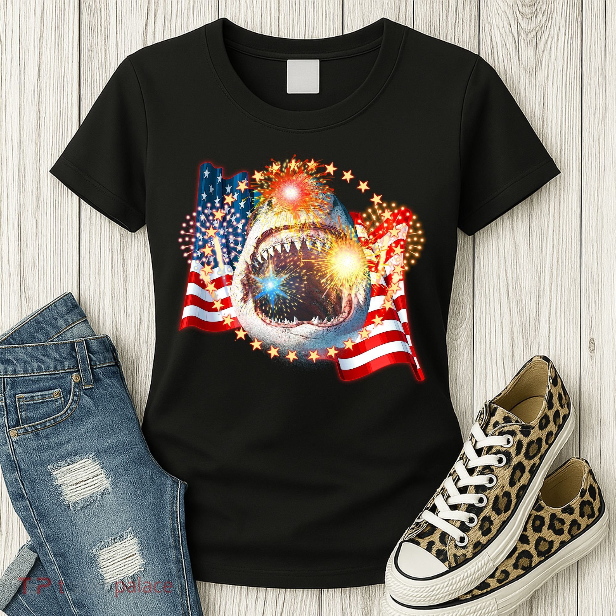 Fourth 4th Of July Fireworks Shark Women's T-Shirt