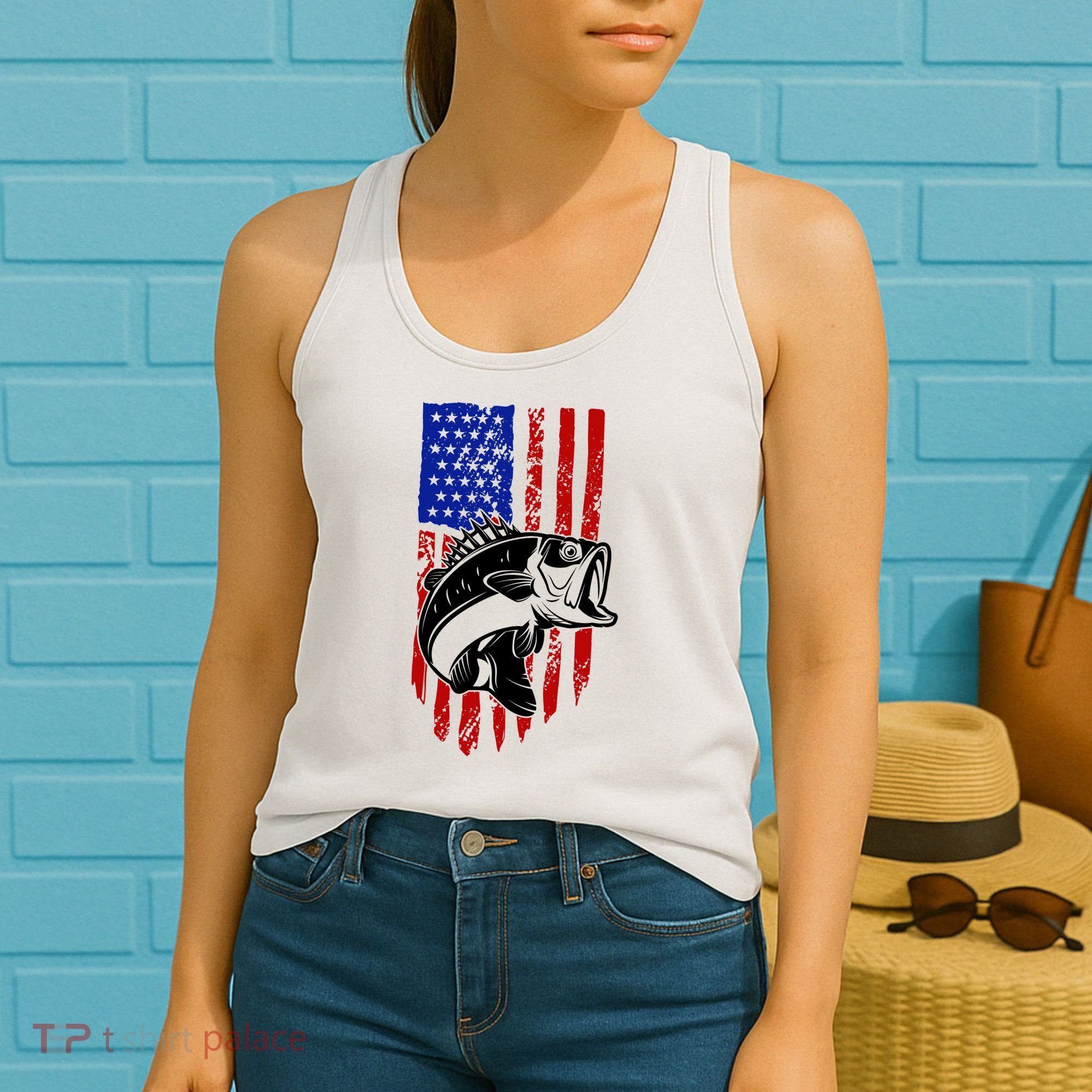 Fishing 4th Of July USA Flag Women's Tank Top
