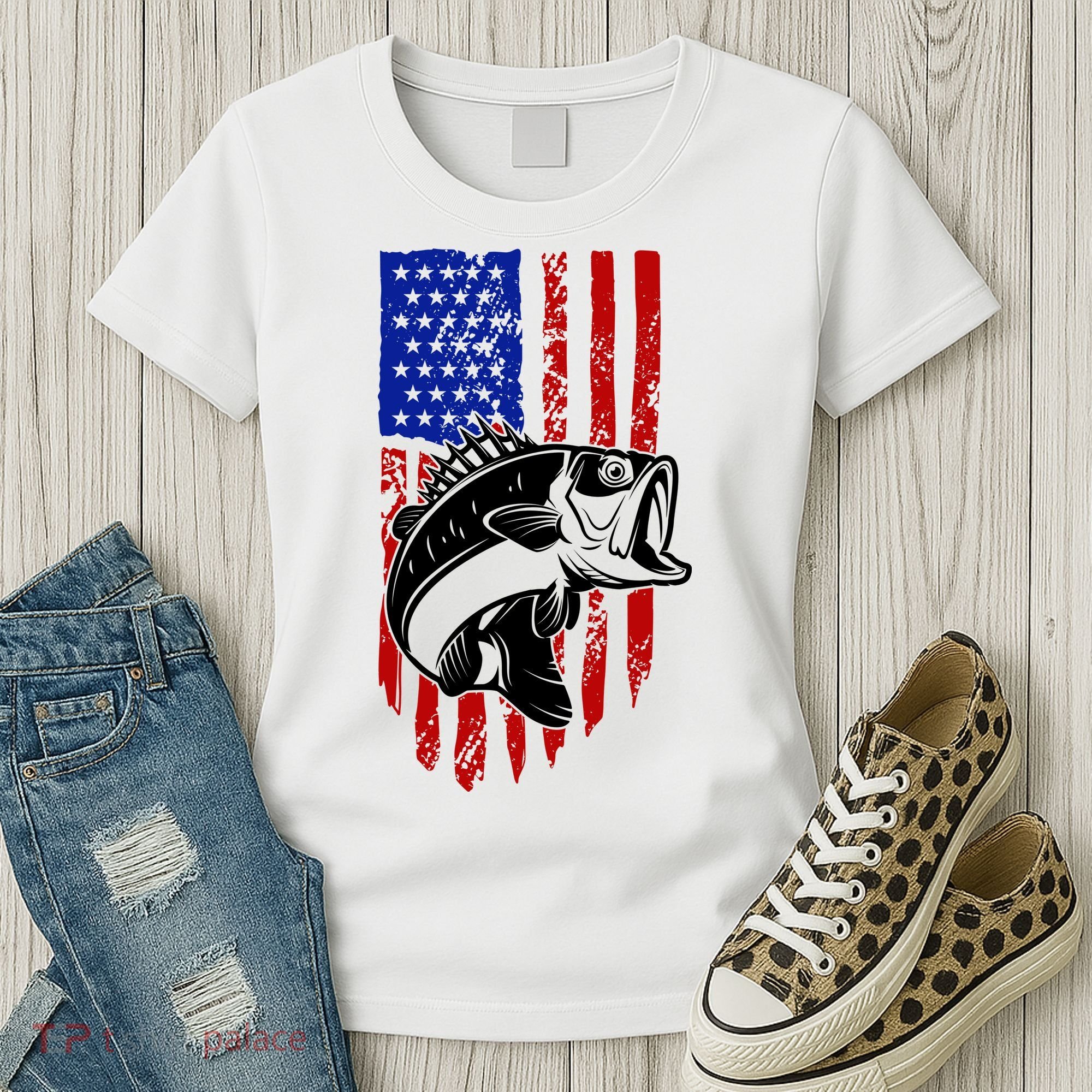 Fishing 4th Of July USA Flag Women's T-Shirt