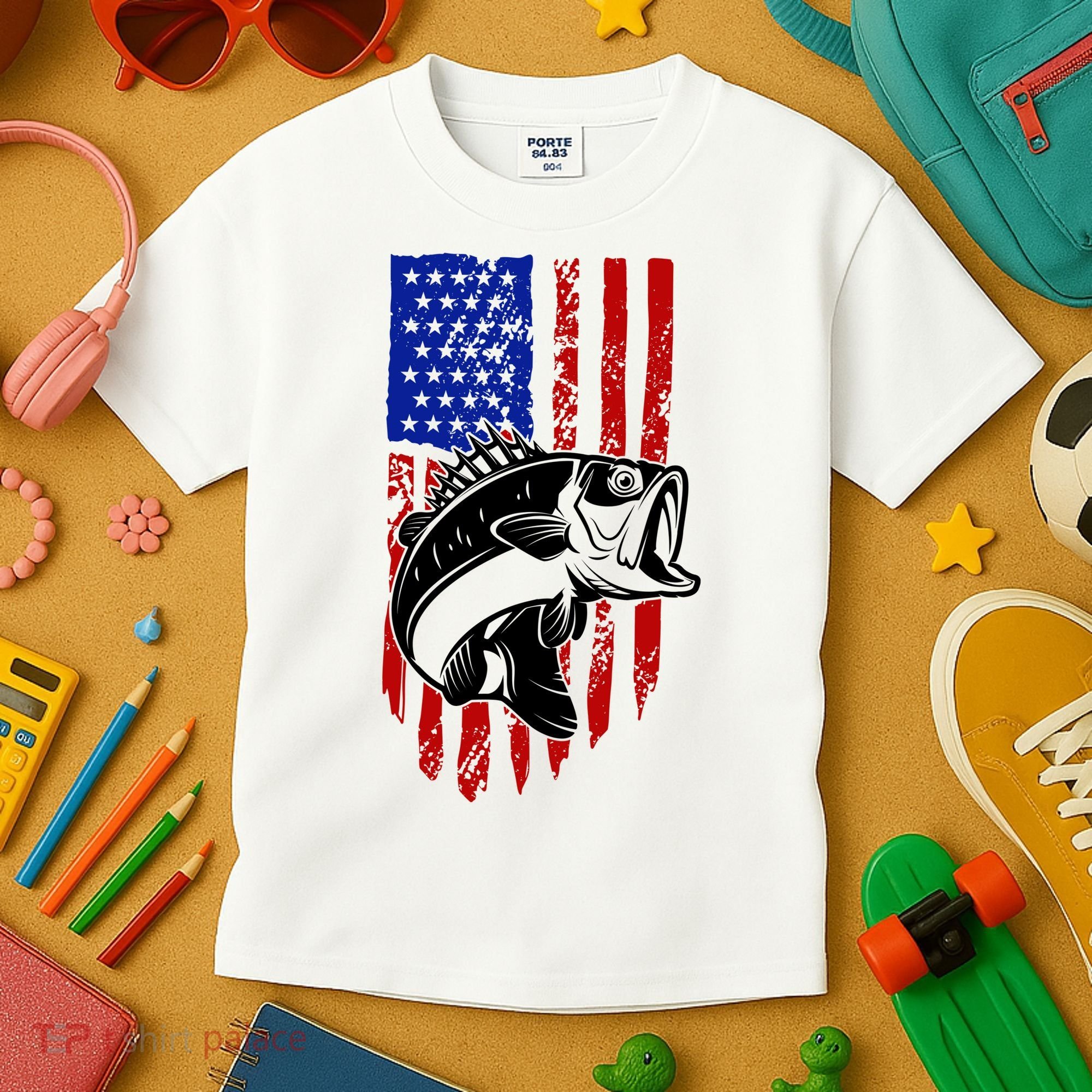 Fishing 4th Of July USA Flag Kids T-Shirt