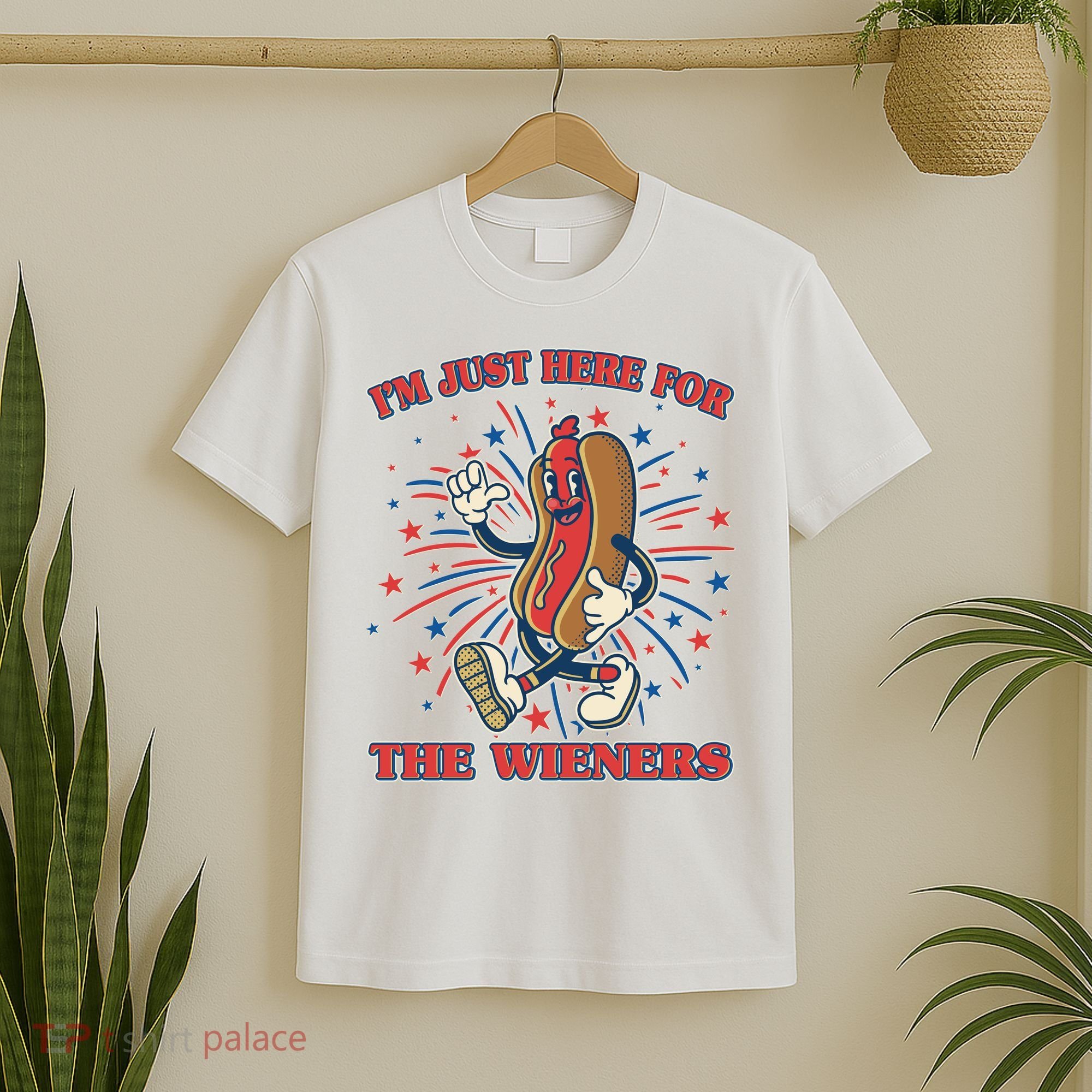 Funny 4th Of July Im Just Here For The Wieners Retro Cartoon Hotdog T-Shirt