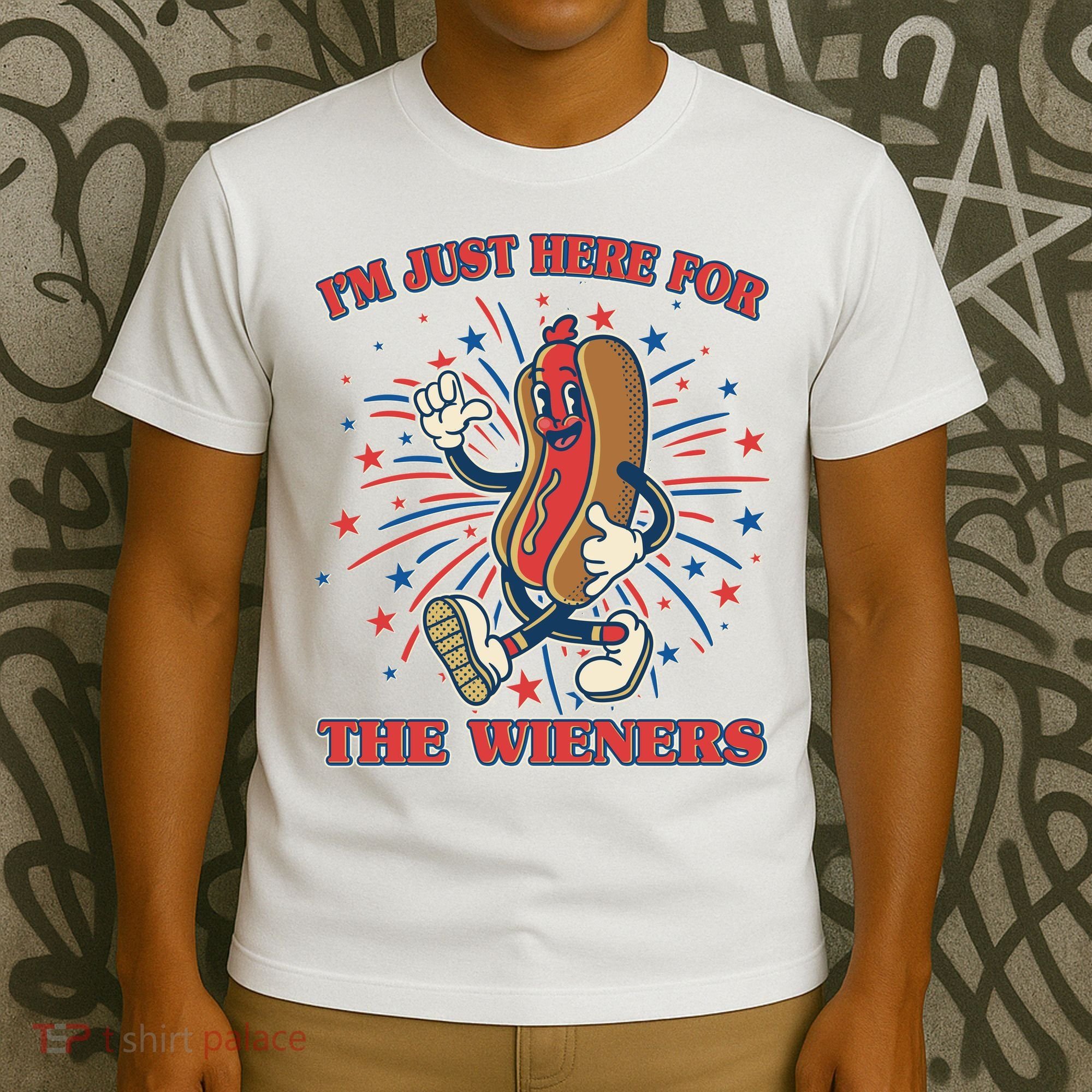 Funny 4th Of July Im Just Here For The Wieners Retro Cartoon Hotdog T-Shirt