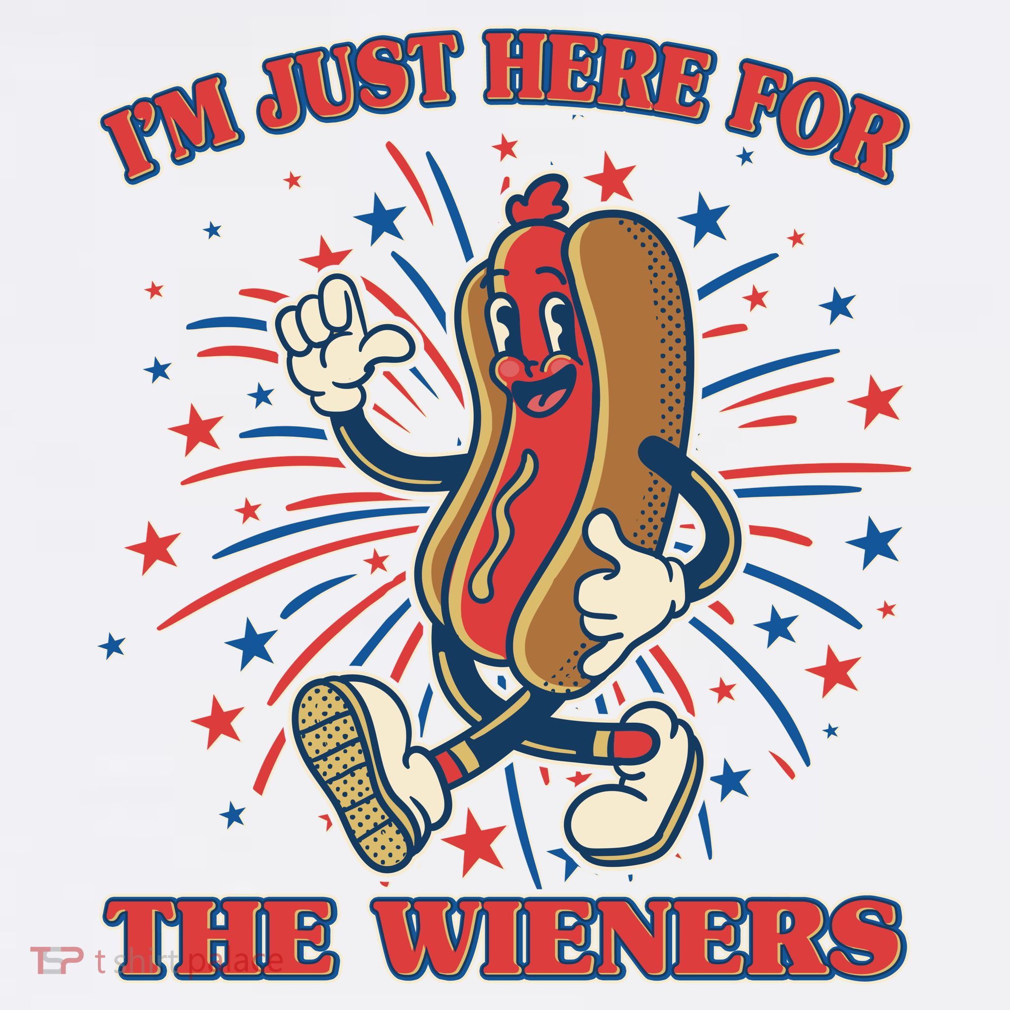 Funny 4th Of July Im Just Here For The Wieners Retro Cartoon Hotdog T-Shirt