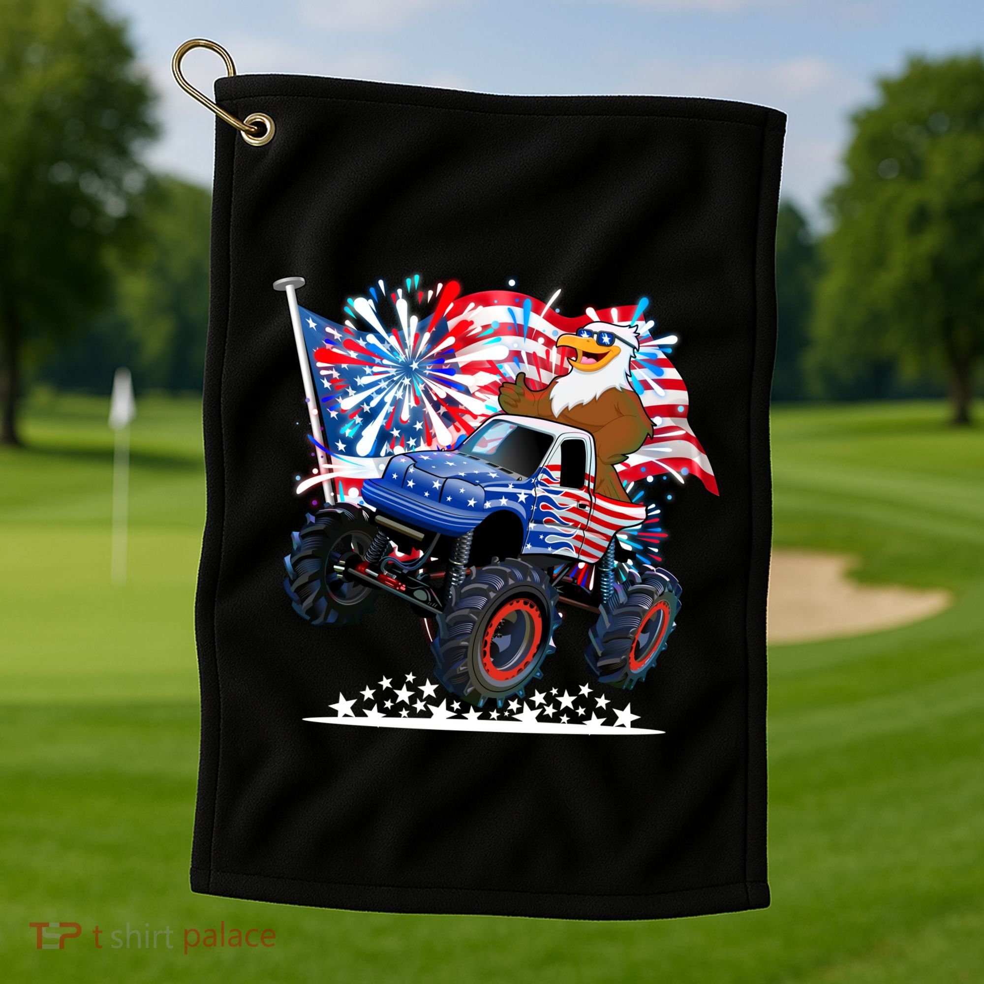 Funny 4th Of July Patriotic American Flag Monster Truck Eagle Golf Towel