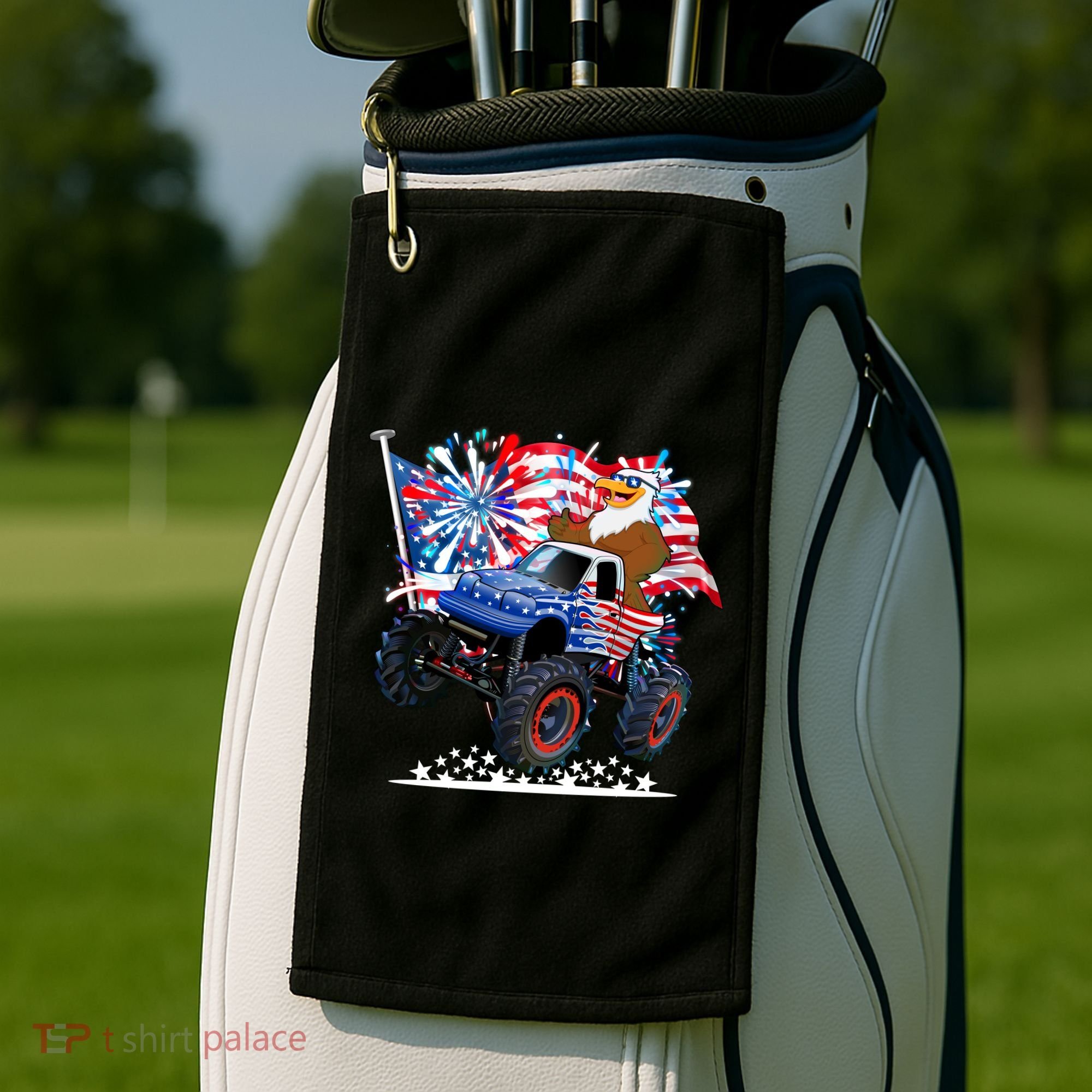 Funny 4th Of July Patriotic American Flag Monster Truck Eagle Golf Towel