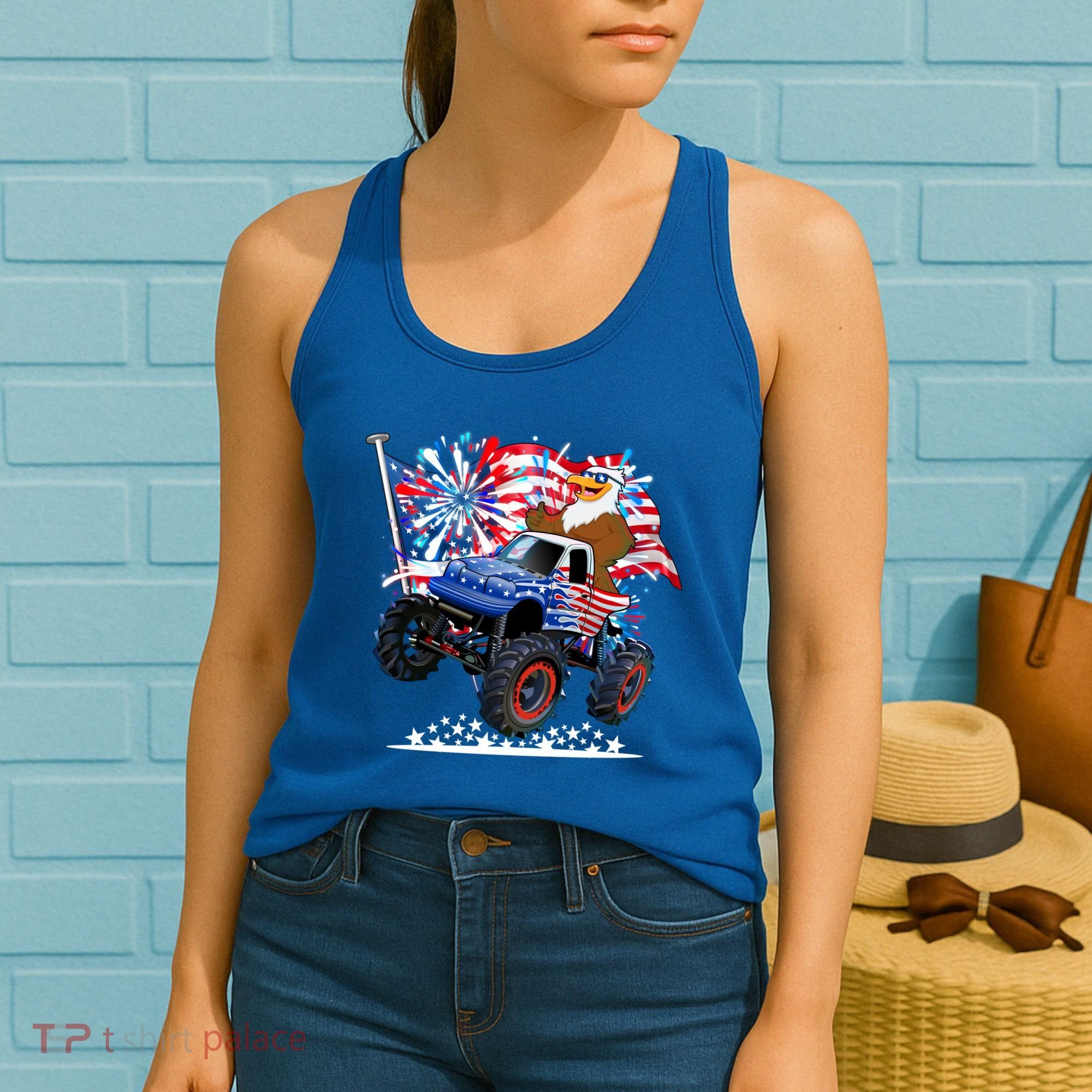 Funny 4th Of July Patriotic American Flag Monster Truck Eagle Women's Tank Top