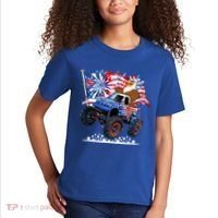 Funny 4th Of July Patriotic American Flag Monster Truck Eagle Kids T-Shirt thumb 2