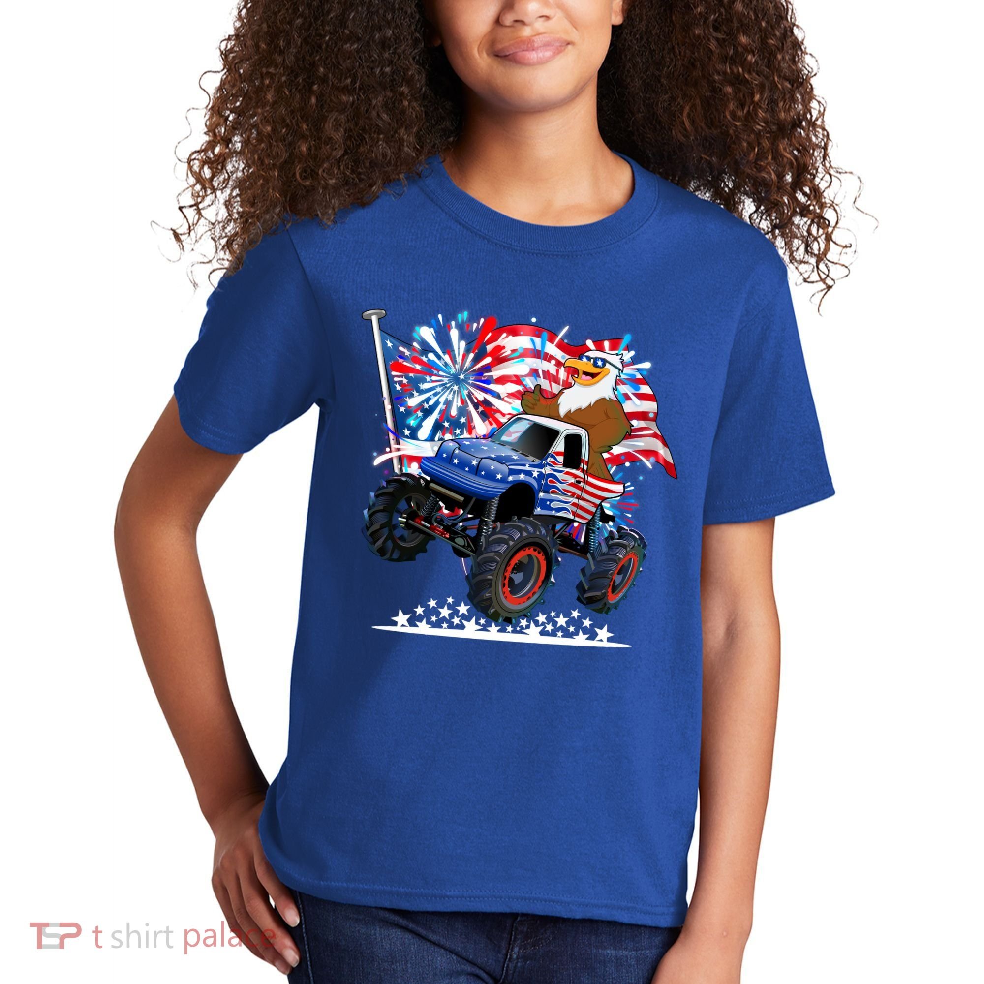 Funny 4th Of July Patriotic American Flag Monster Truck Eagle Kids T-Shirt
