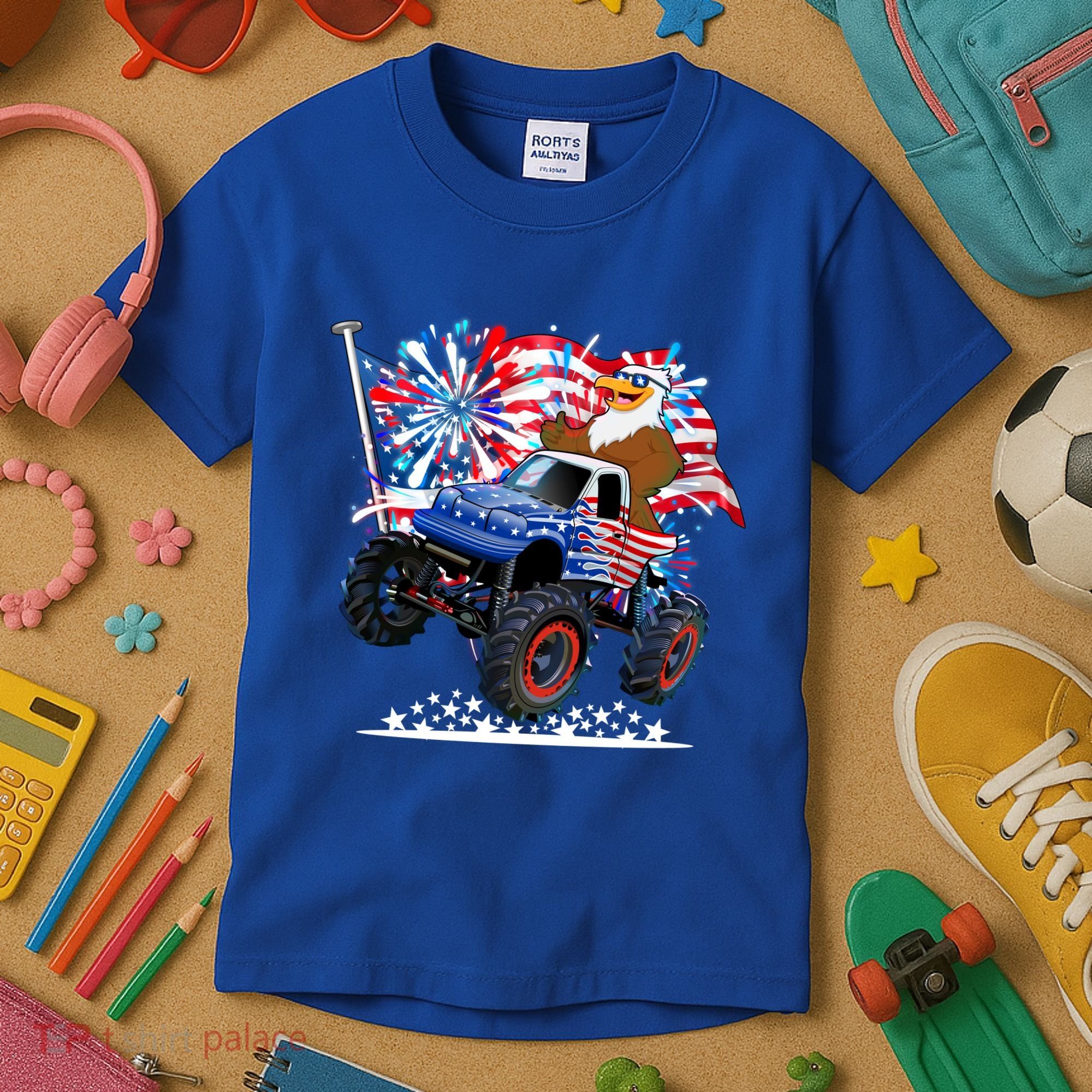 Funny 4th Of July Patriotic American Flag Monster Truck Eagle Kids T-Shirt