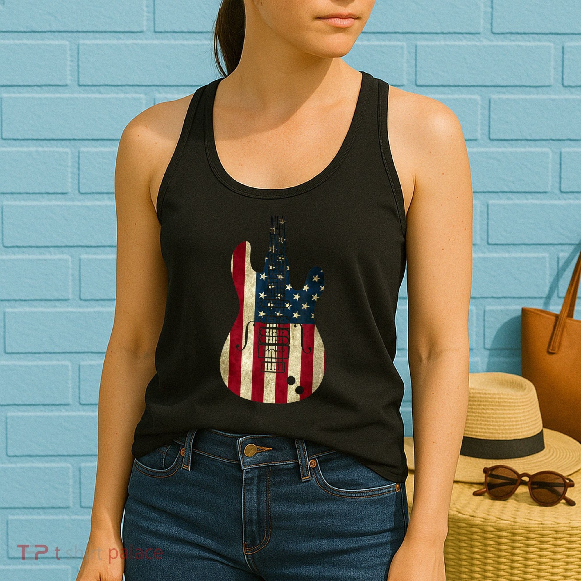 Funny 4th Of July American Flag Guitar Patriotic Gift Women's Tank Top