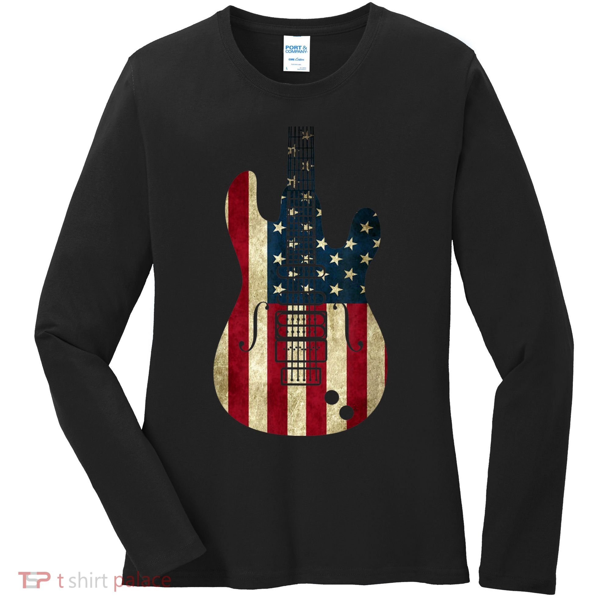 Funny 4th Of July American Flag Guitar Patriotic Gift Women's Long Sleeve Shirt