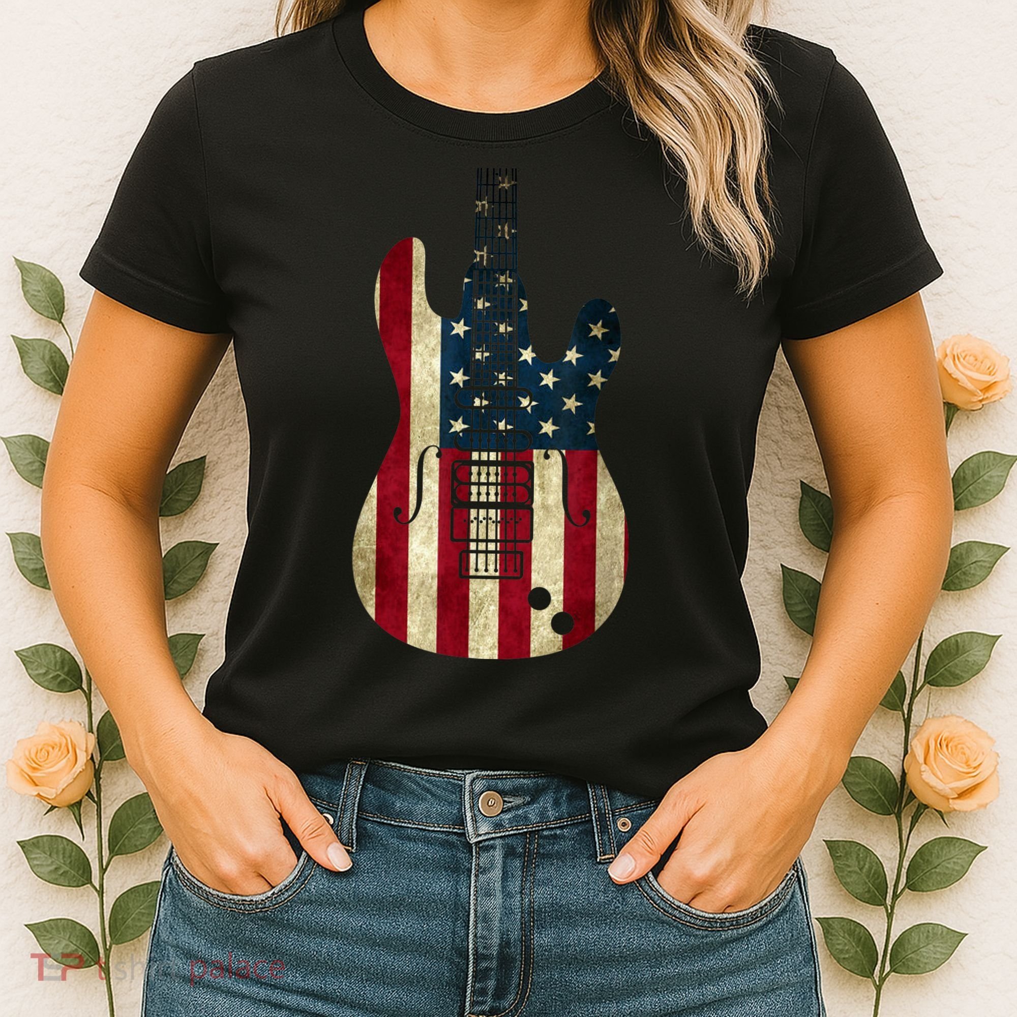 Funny 4th Of July American Flag Guitar Patriotic Gift Women's T-Shirt