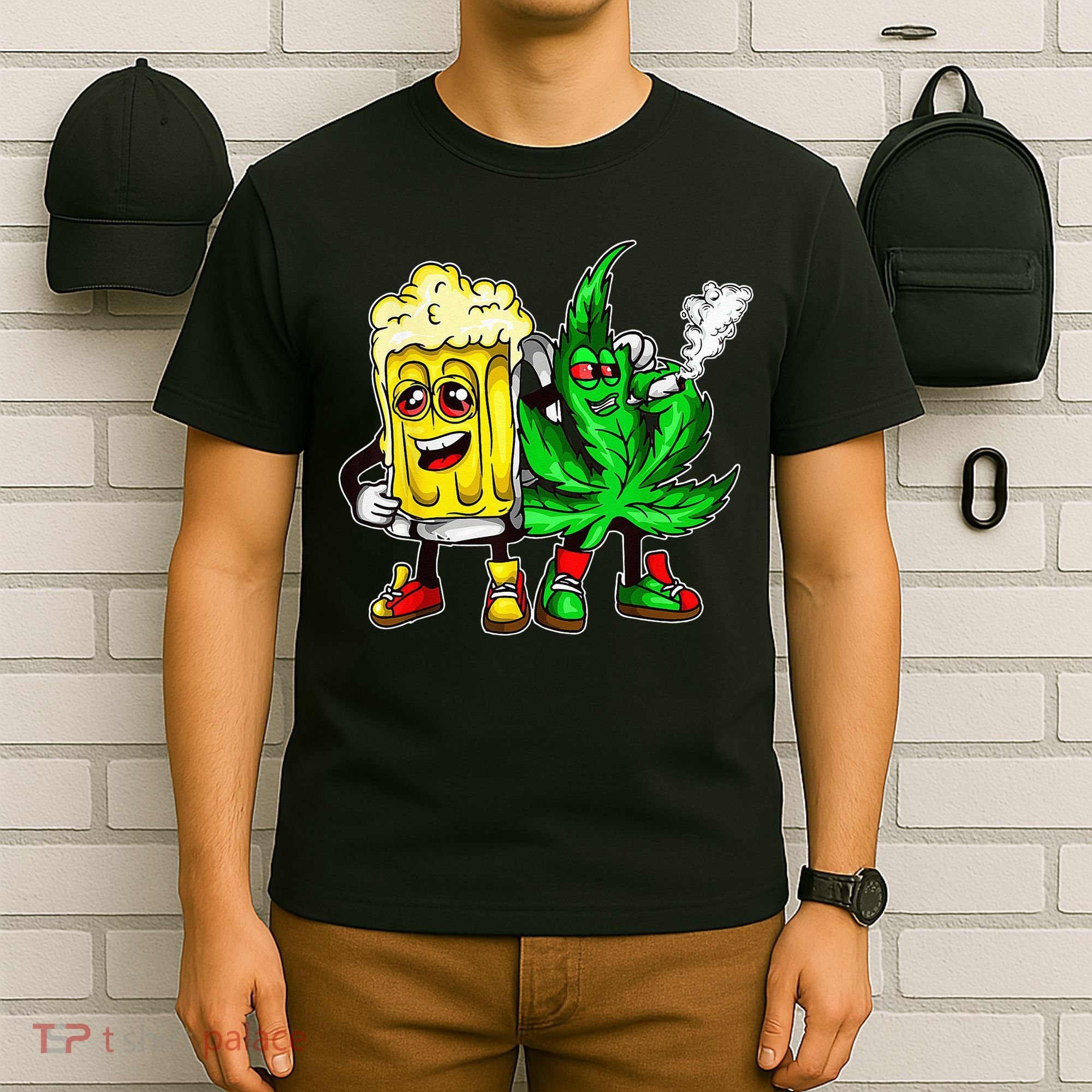 Funny 420 Pot Leaf Marijuana Bong Beer Drunk Weed Cannabis T-Shirt