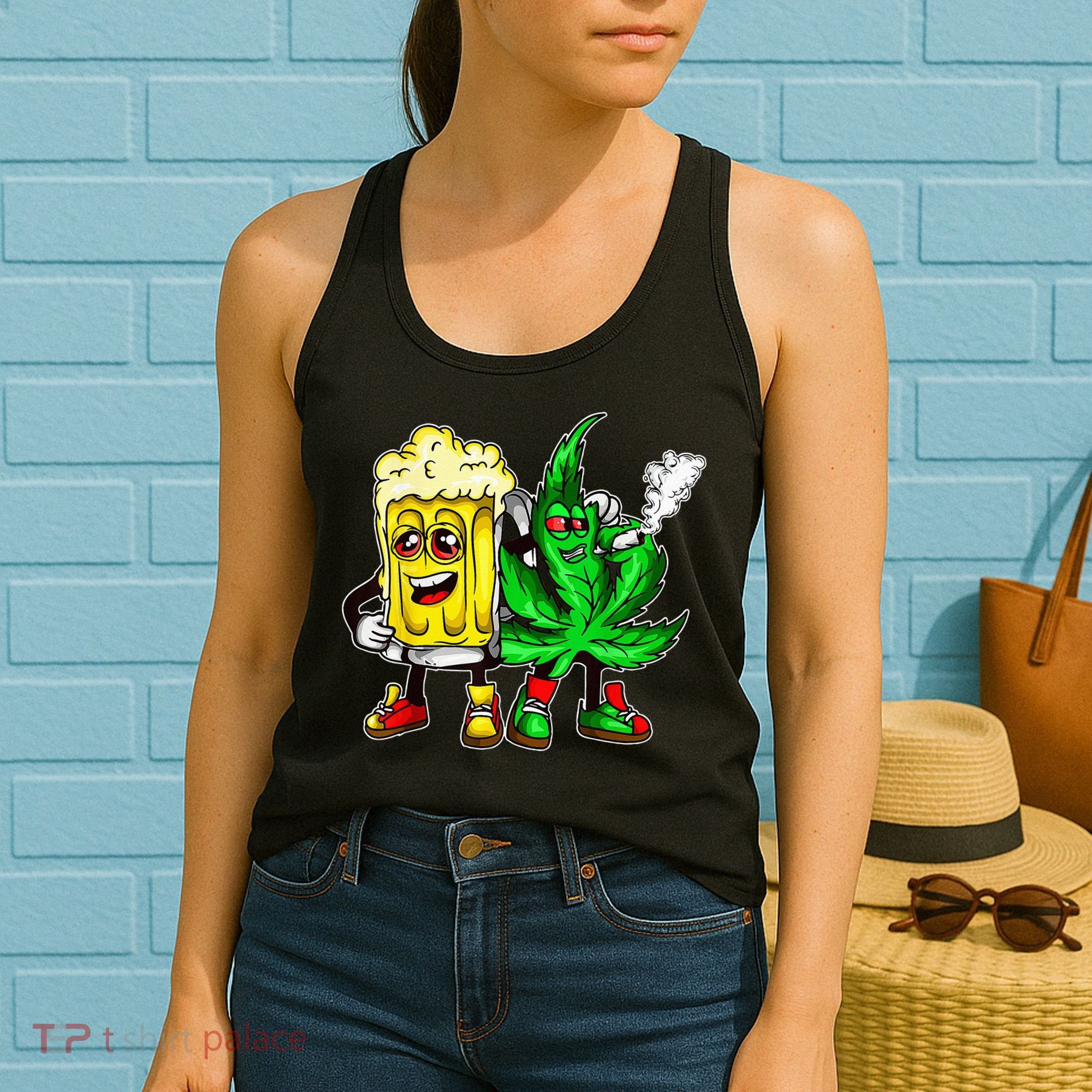 Funny 420 Pot Leaf Marijuana Bong Beer Drunk Weed Cannabis Women's Tank Top