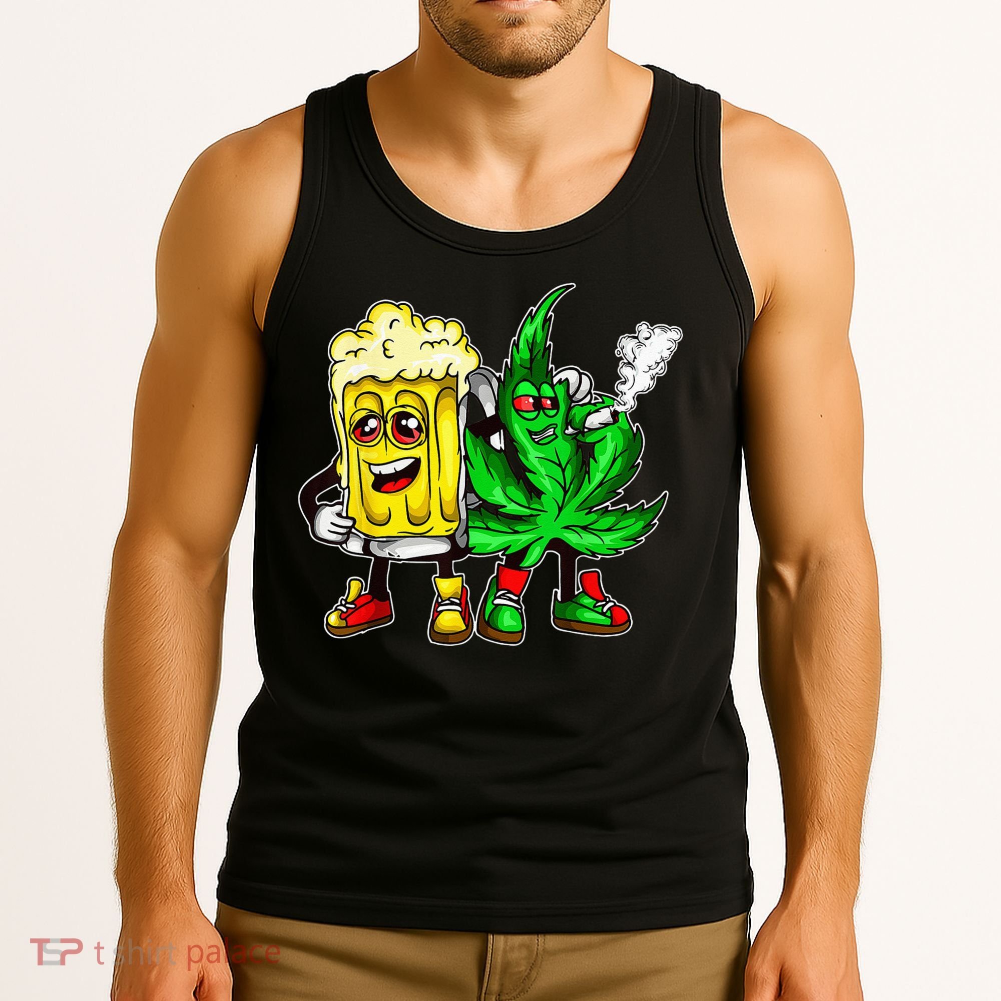 Funny 420 Pot Leaf Marijuana Bong Beer Drunk Weed Cannabis Tank Top