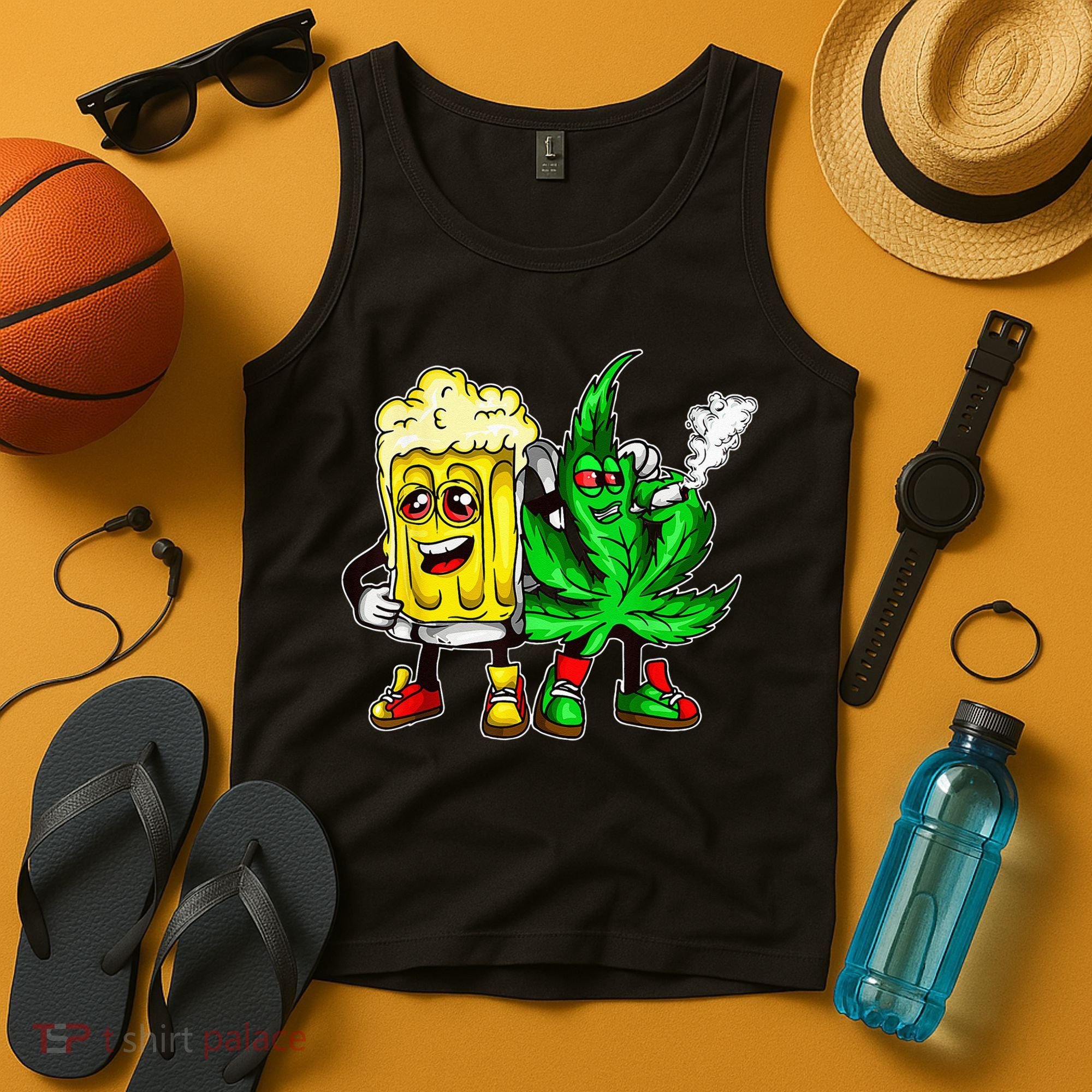 Funny 420 Pot Leaf Marijuana Bong Beer Drunk Weed Cannabis Tank Top