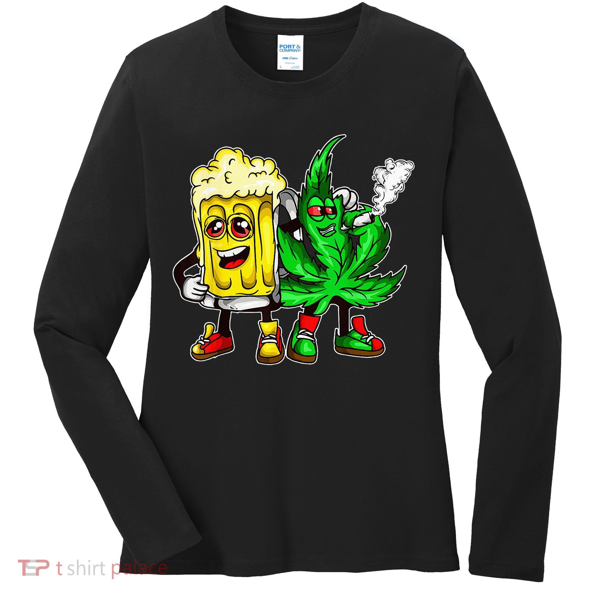 Funny 420 Pot Leaf Marijuana Bong Beer Drunk Weed Cannabis Women's Long Sleeve Shirt