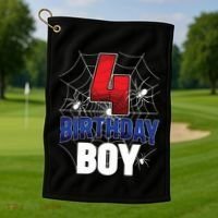 Four 4 Year Old 4th Birthday Boy Spider Web 4yr Party Golf Towel thumb 1