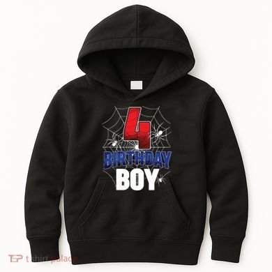 Four 4 Year Old 4th Birthday Boy Spider Web 4yr Party Kids Hoodie