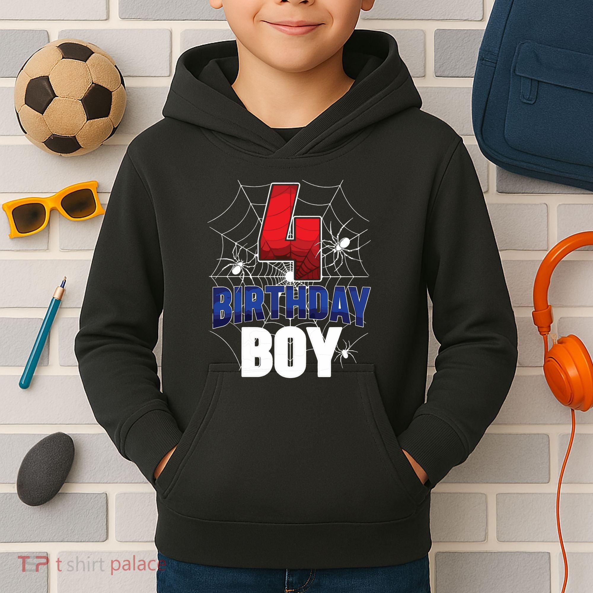 Four 4 Year Old 4th Birthday Boy Spider Web 4yr Party Kids Hoodie