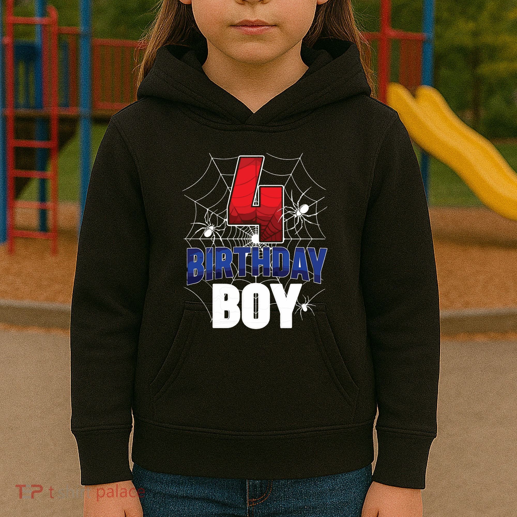 Four 4 Year Old 4th Birthday Boy Spider Web 4yr Party Kids Hoodie
